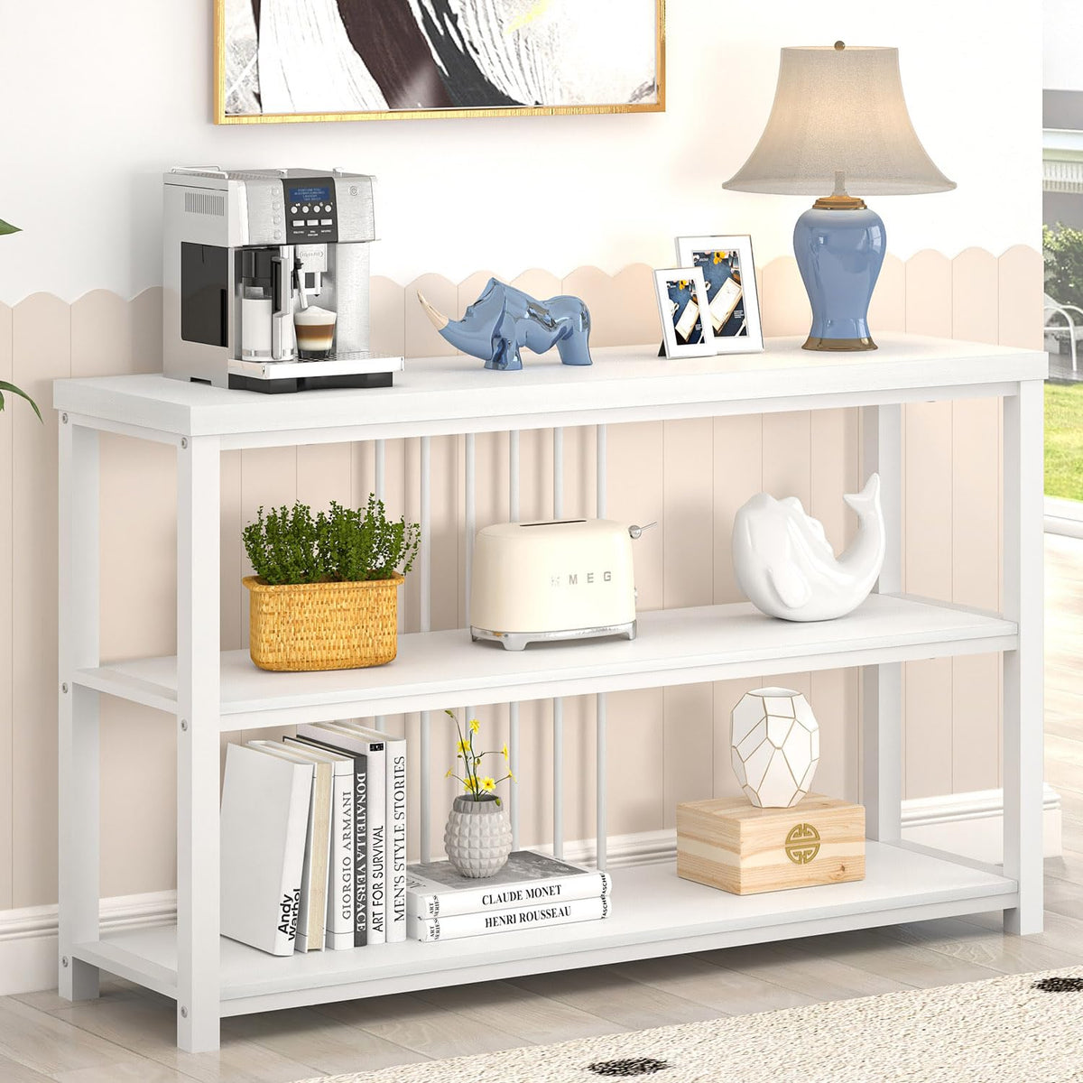 FOLUBAN Modern Sofa Table for Entryway, 3 Tier Narrow Console Table for Living Room Hallway Behind Couch, Rustic Oak