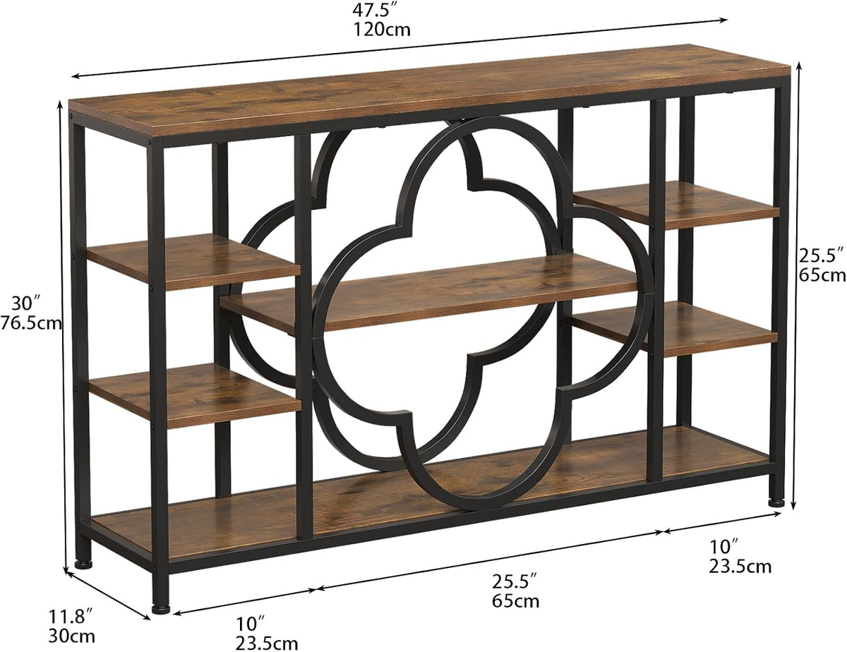 GiftGo 47" Farmhouse Console Tables for Entryway Retro Sofa Table Behind Couch Open Display Storage Shelves for Foyer, Hallway, Front Door,Living Room,Elegant Four-Leaf Clover (Rustic Brown, 47")
