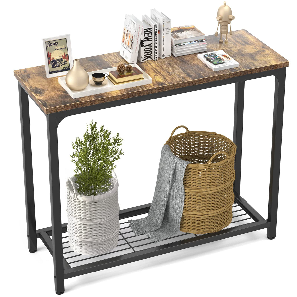 Ecoprsio Small Console Table, Sofa Table with Double Mesh Shelves, Industrial Entryway Table for Entryway, Hallway, Foyer, Front Hall, Sofa Couch, Living Room, Bar, Kitchen, 32 Inch, Rustic