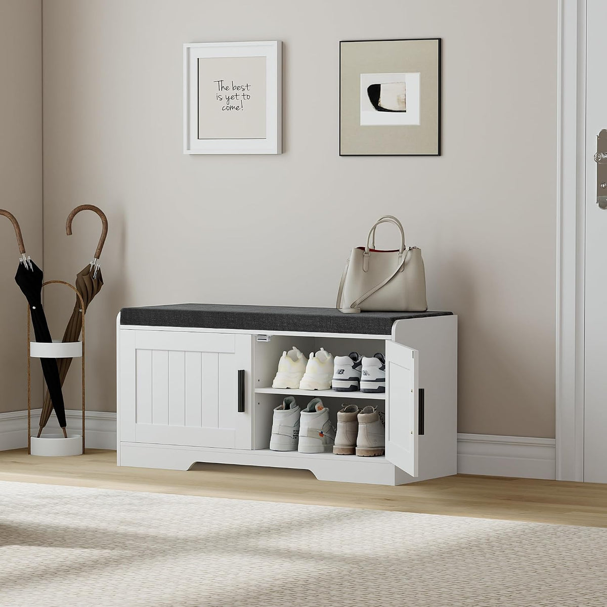 Homleke Shoe Storage Bench, 2 Doors & Thickened Padded Seat Cushion