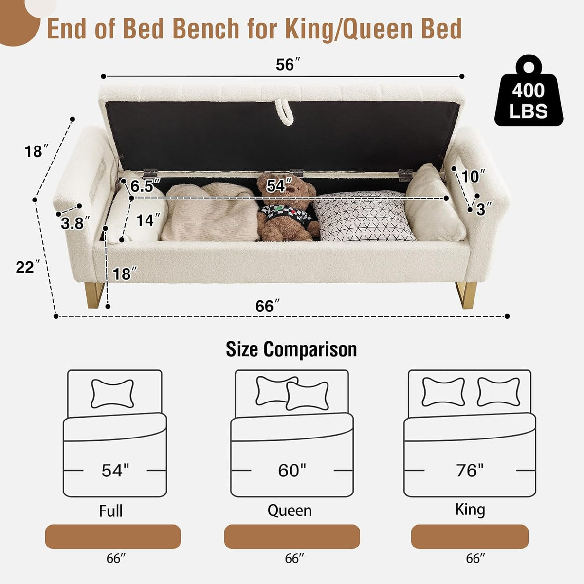 66" King Size Storage Bench for Bedroom End of Bed Benches with Storage