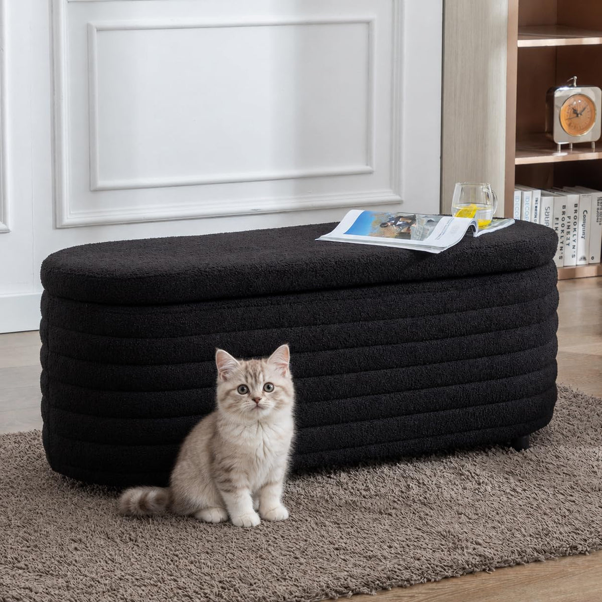 45.5" Storage Teddy Ottoman Bench Upholstered Fabric Bench Hidden Storage Chest with Slow-Close Safety Hinge for Bedroom, Living Room, Entryway, White