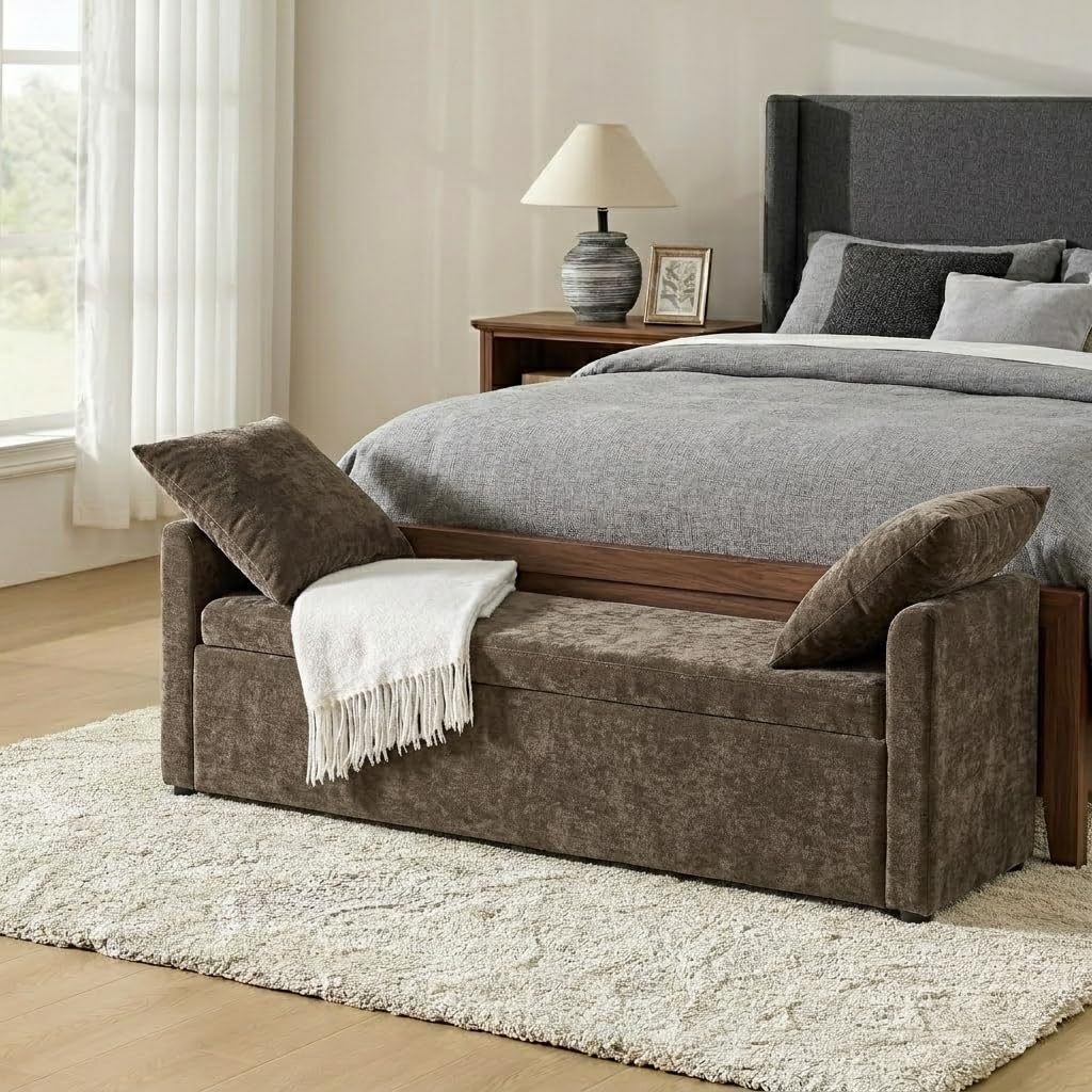 HULALA HOME 59" Storage Bench with 2 Throw Pillows & Armrests, Linen
