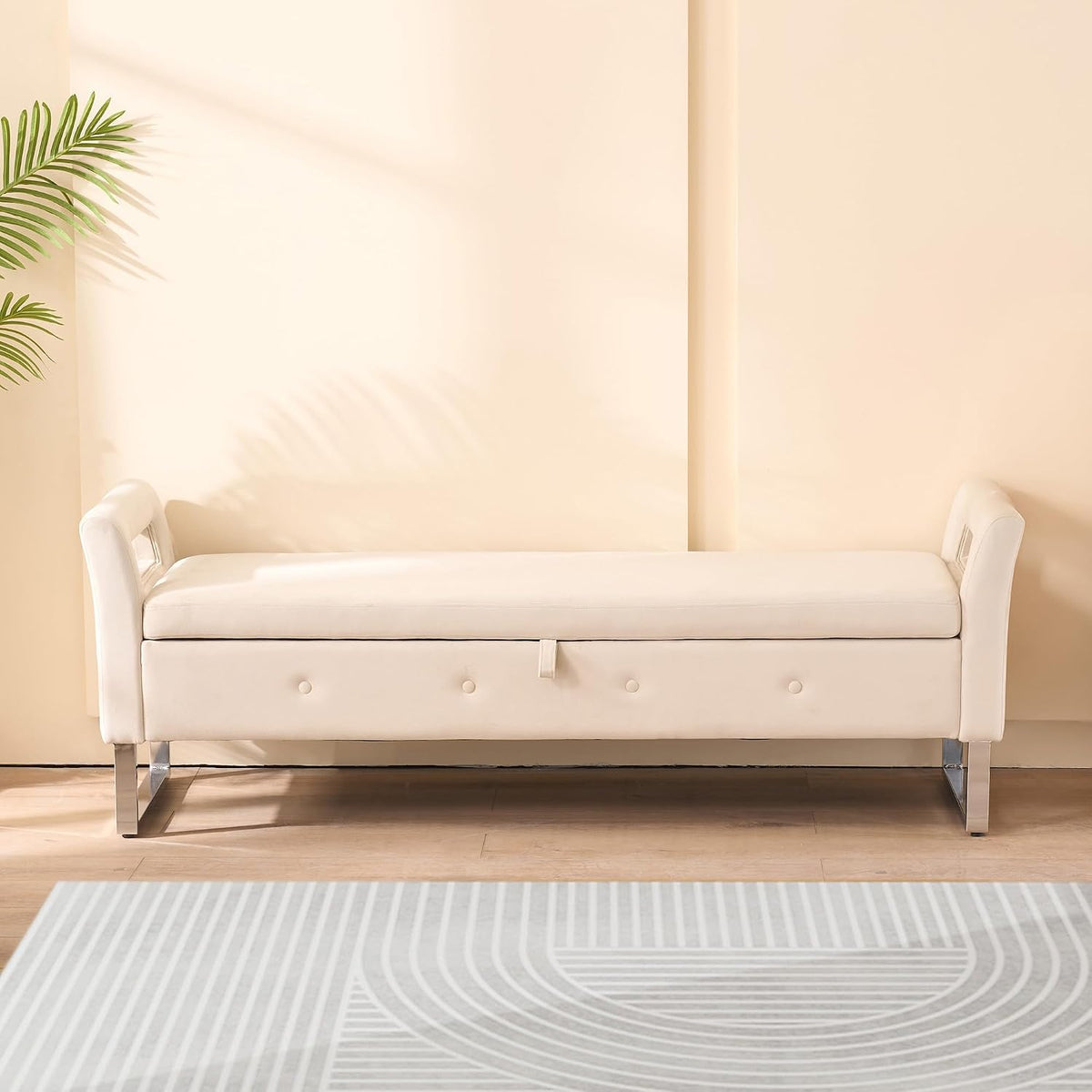 GDFStudio Velvet Storage Bench with Hidden Compartment - Upholstered Ottoman for Entryway, Bedroom, Living Room - Soft Foam Cushion, Sturdy Silver Metal Legs, Easy Assembly - Beige Storage Seat
