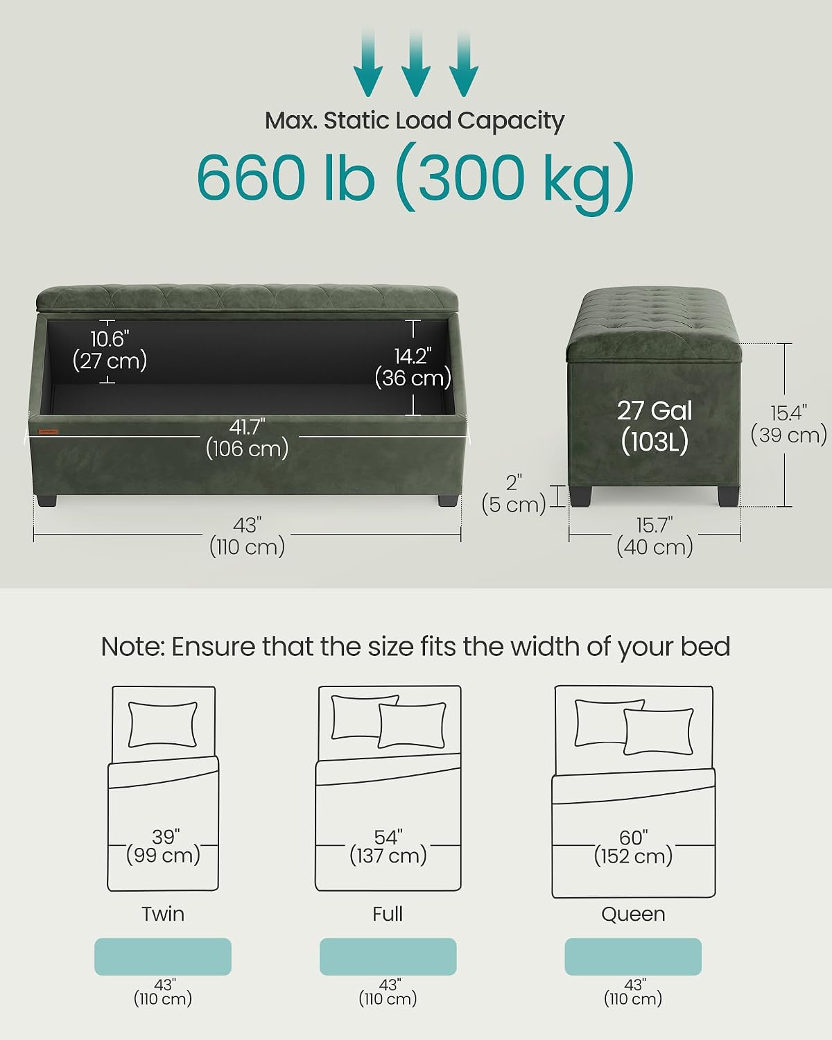 SONGMICS Storage Ottoman Bench, Foot Rest with Legs, Load up to 661.4 lb