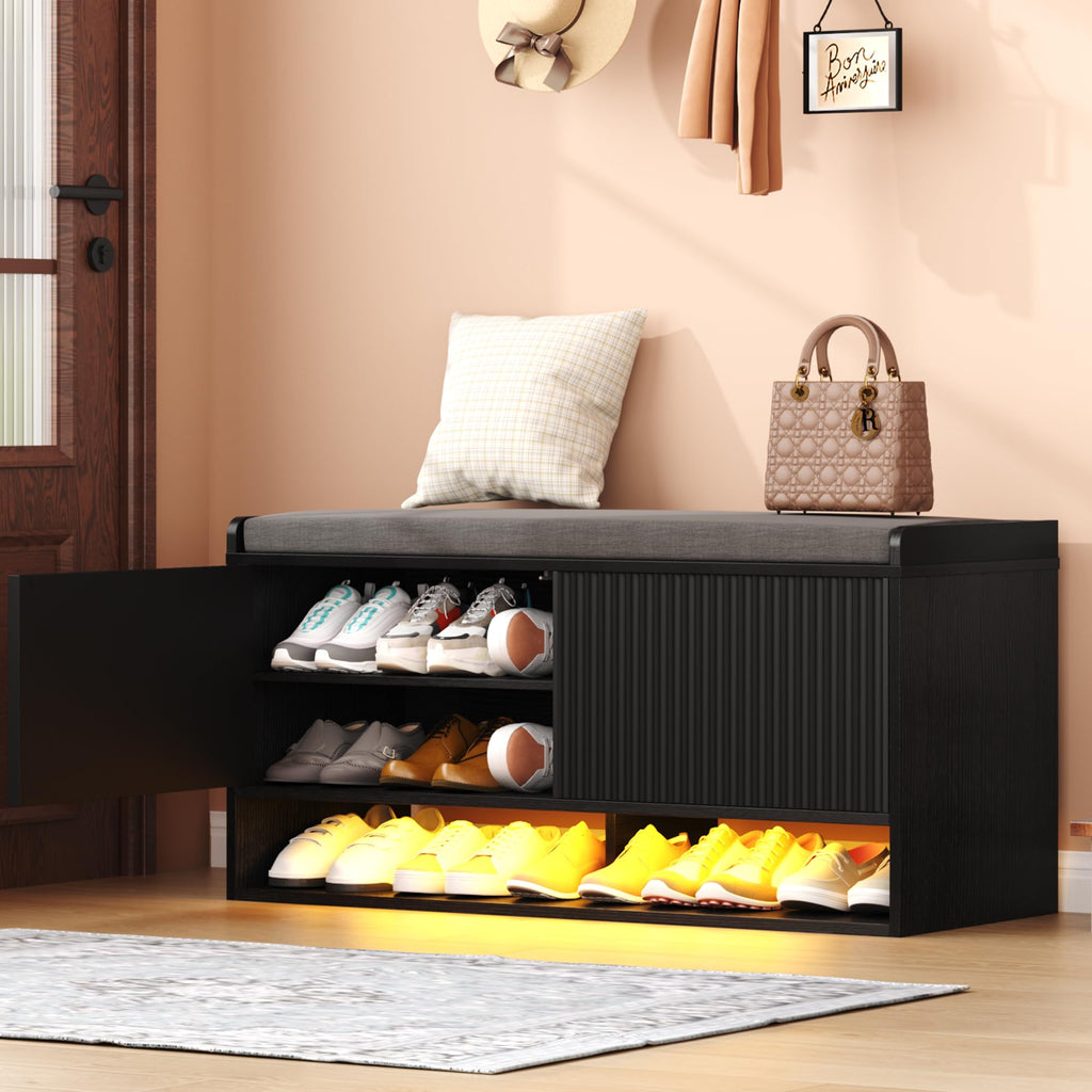 HOMEFORT 47.2" Fluted Shoe Storage Bench, Entryway Bench with Linen Seat Cushion, Shoe Cabinet Bench with Adjustable Shelf and Built-in LED Sensor Light, Bench for Bedroom End of Bed, Walnut