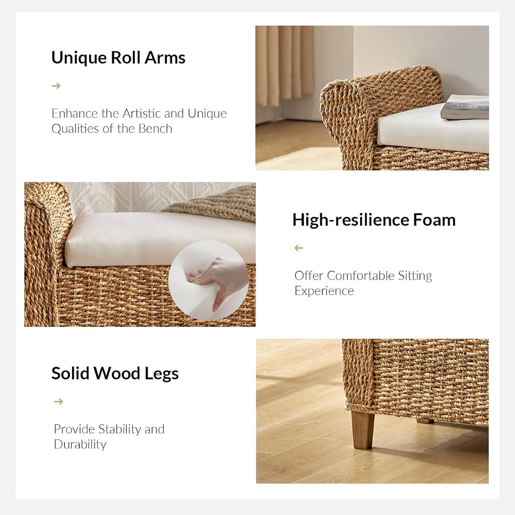 HULALA HOME 56" Rattan Storage Bedroom Bench with Rolled Armrests, Natural