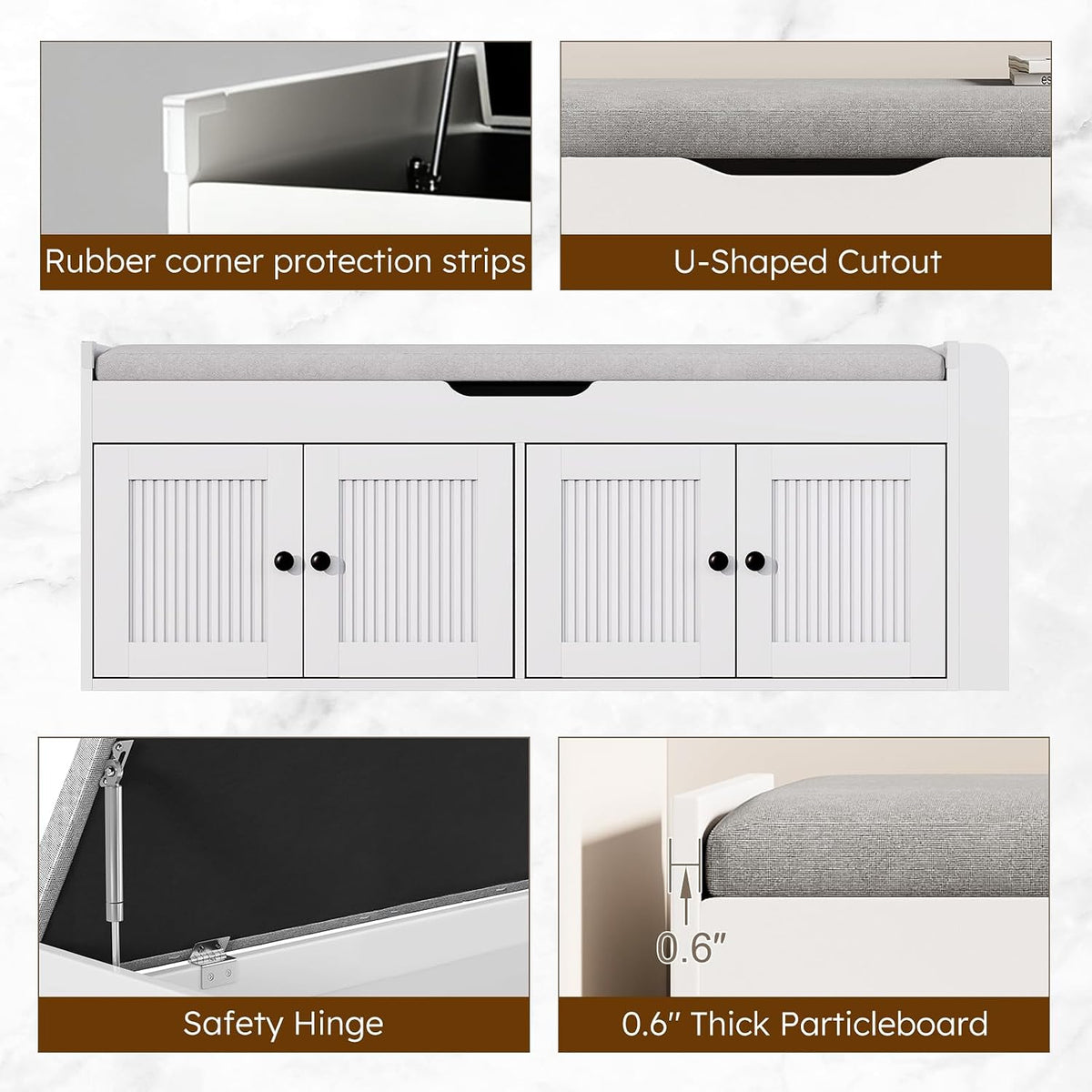47.2" Storage Bench - Entryway Shoe Bench with Side Storage Shelves and 4 Doors, Multifunctional Entryway Bench with Lift Top Cushion, Shoe Storage Bench for Bedroom, Living Room, White