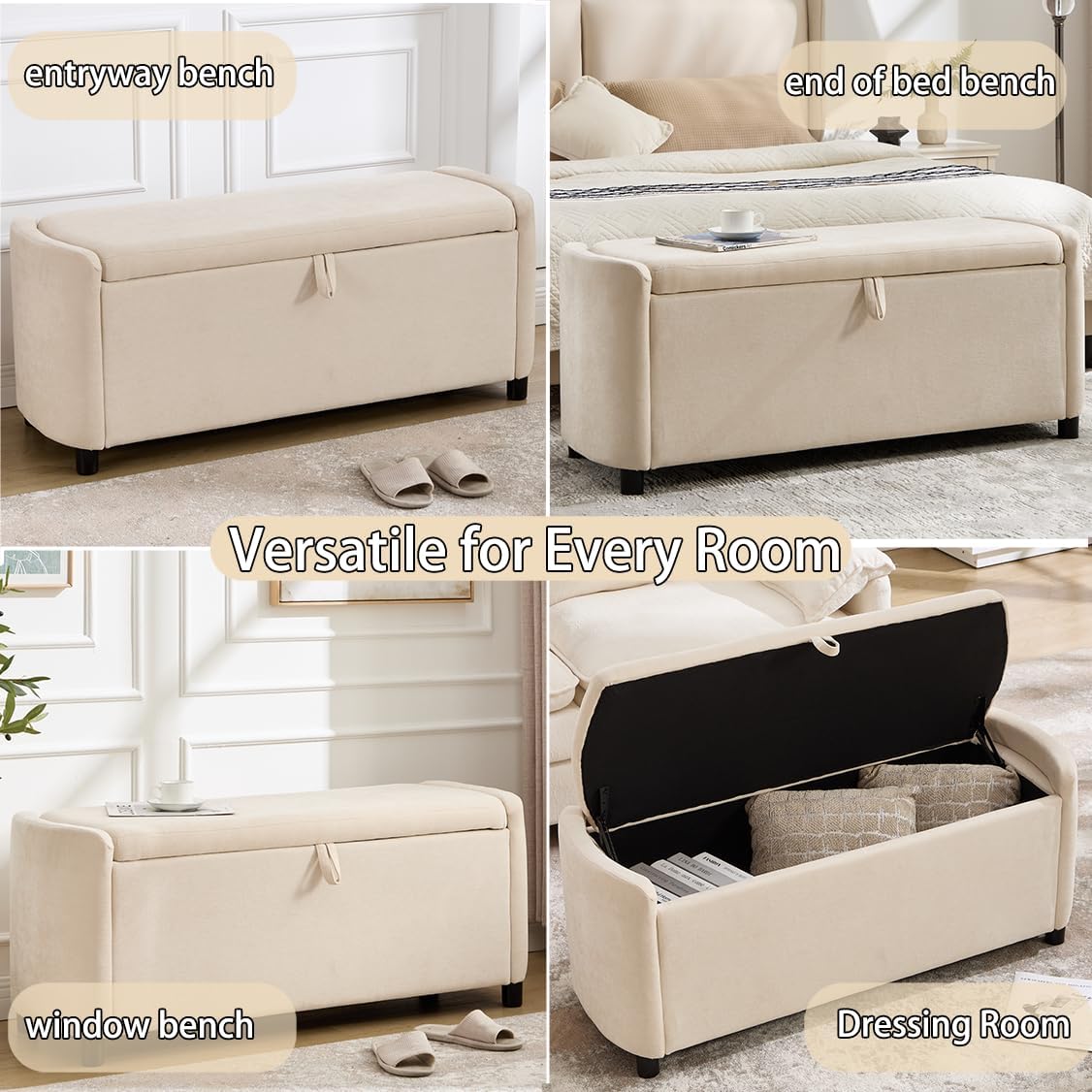 48" Ottoman with Storage, Large Storage Ottoman Bench, Beige
