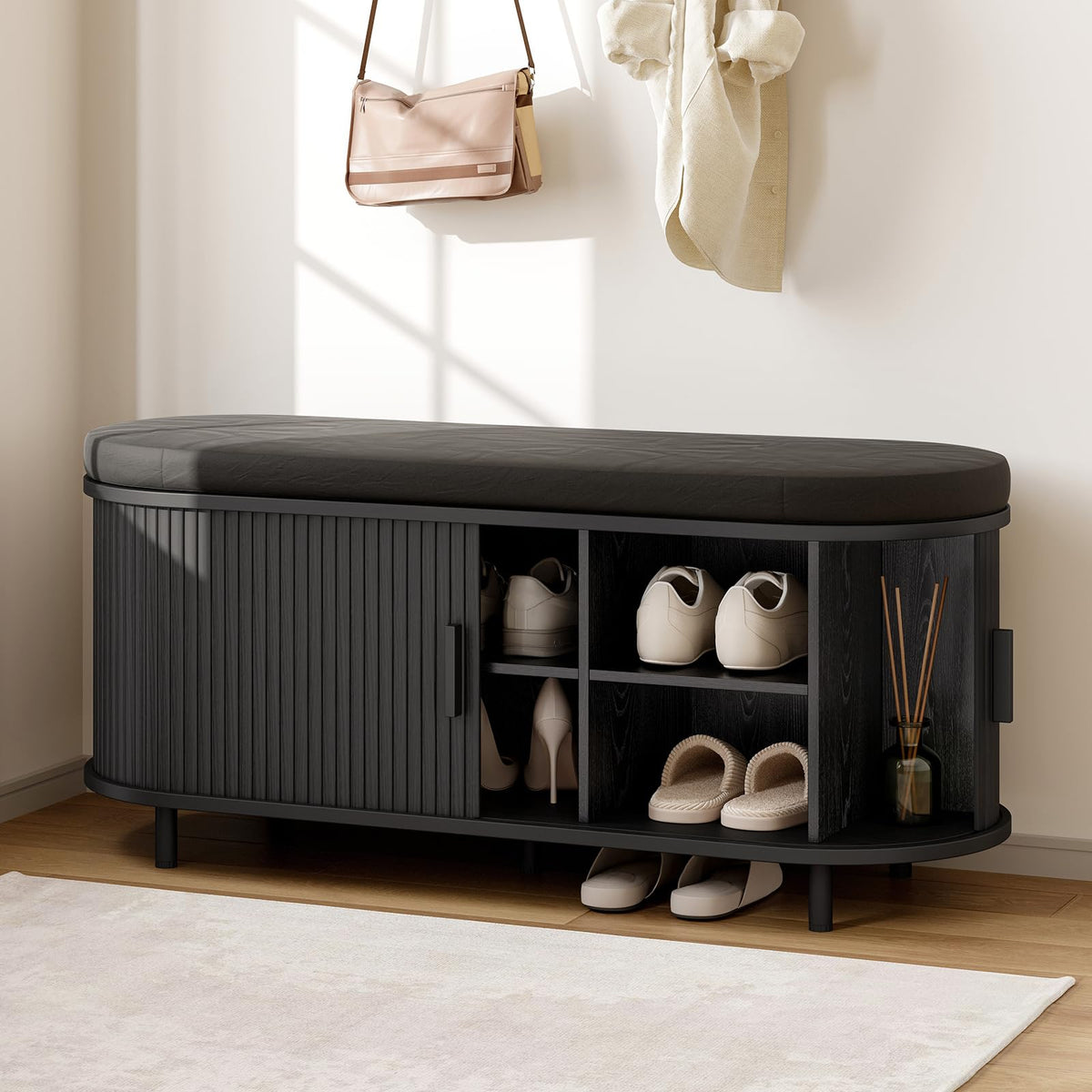 ONBRILL 43" Shoe Bench with Storage, Fluted Shoe Storage Bench, Walnut