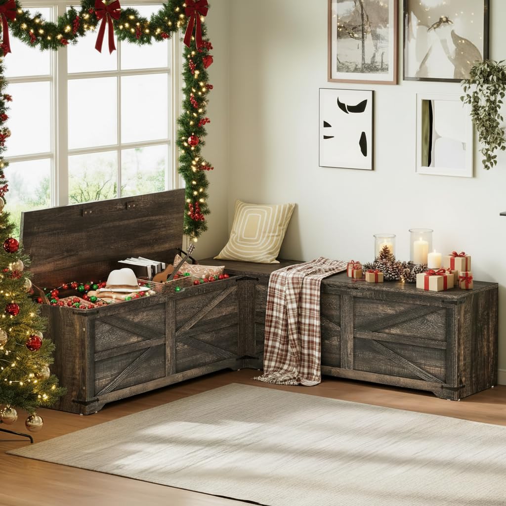 DWVO 47.2" Storage Bench, 2 Safety Hinges, Living Room, White and Walnut
