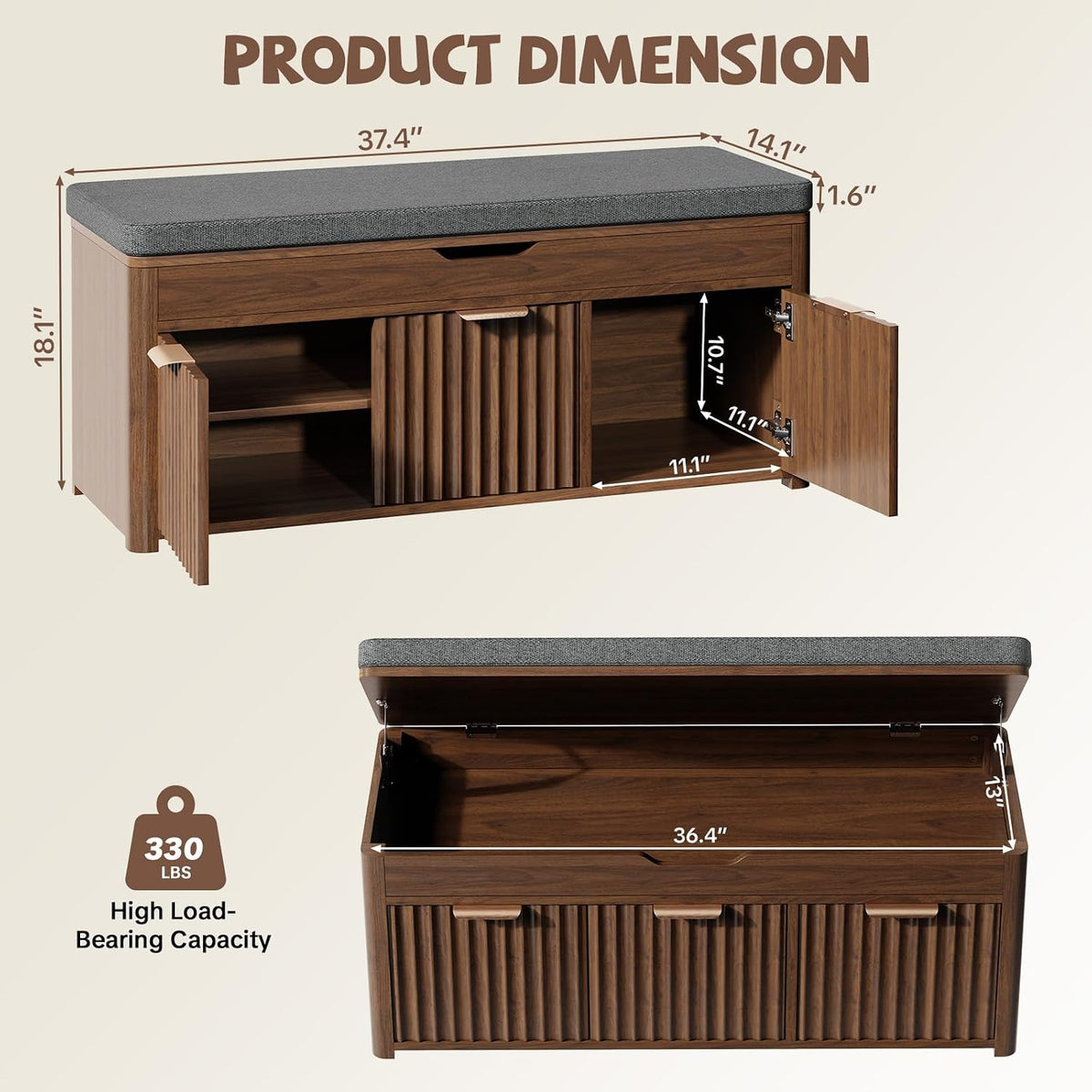 37.4" W Shoe Bench with Storage, Lift Top Entryway Bench, Walnut