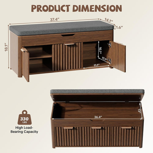 37.4" W Shoe Bench with Storage, Lift Top Entryway Bench, Walnut