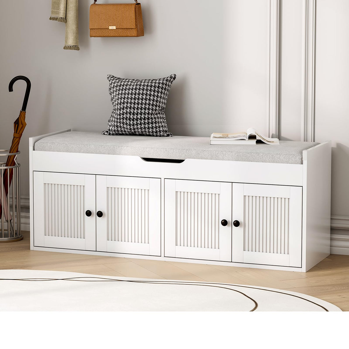 47.2" Storage Bench - Entryway Shoe Bench with Side Storage Shelves and 4 Doors, Multifunctional Entryway Bench with Lift Top Cushion, Shoe Storage Bench for Bedroom, Living Room, White