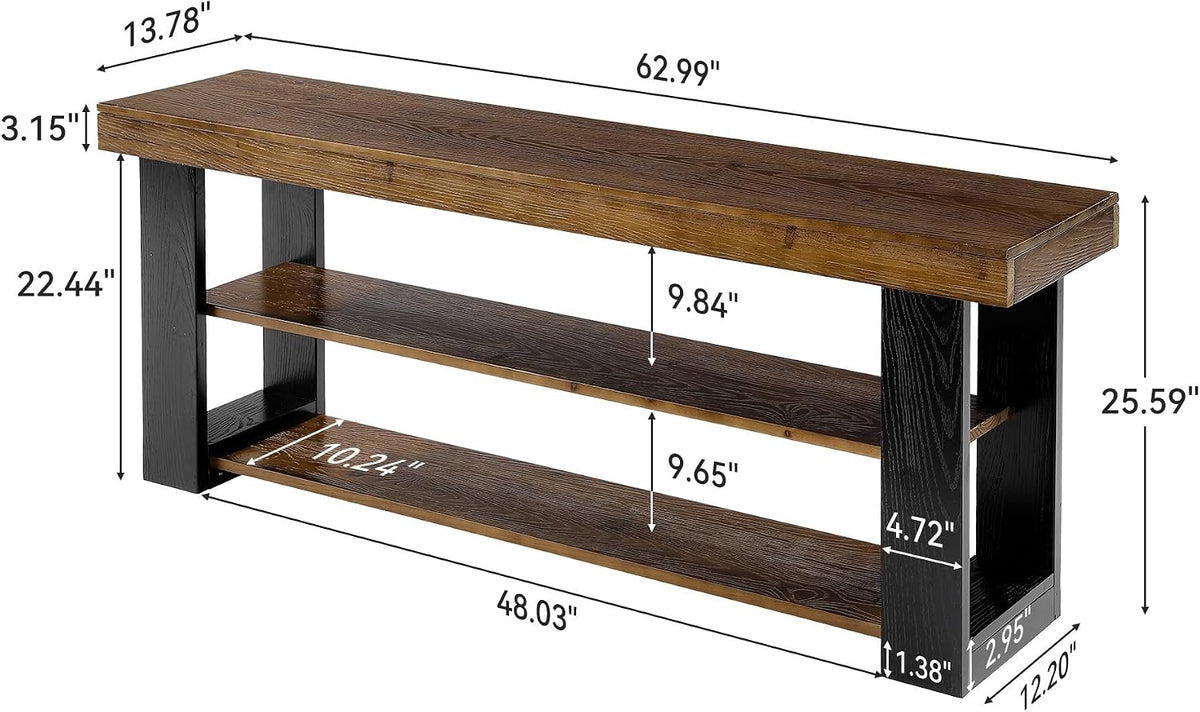 63" Solid Wood Console Table with 3-Tier Storage Shelves