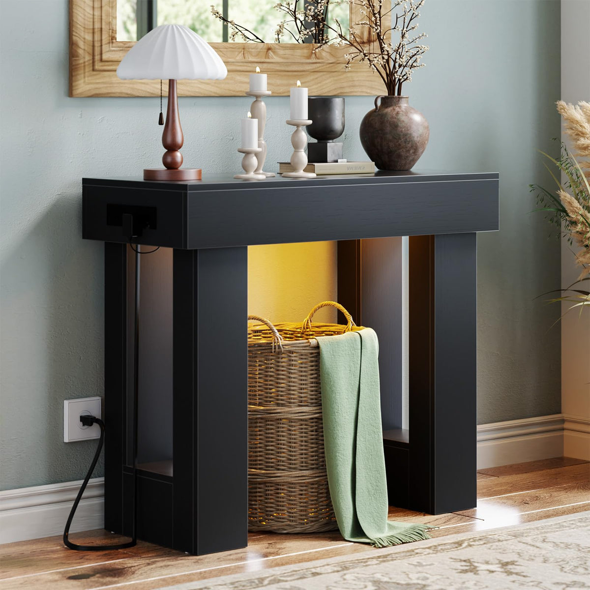 Unikito 47" Entryway Table with Sensor Light and Outlets, Pure White