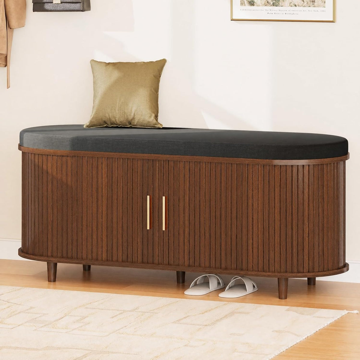 DHH 2-Tier Storage Bench,Wide Shoe Bench with Thickened Padded Seat Cushion, Mid Century Modern Fluted Sliding Door and Adjustable Shelf, for Entryway, Living Room, Bedroom (Walnut, 43.3“)