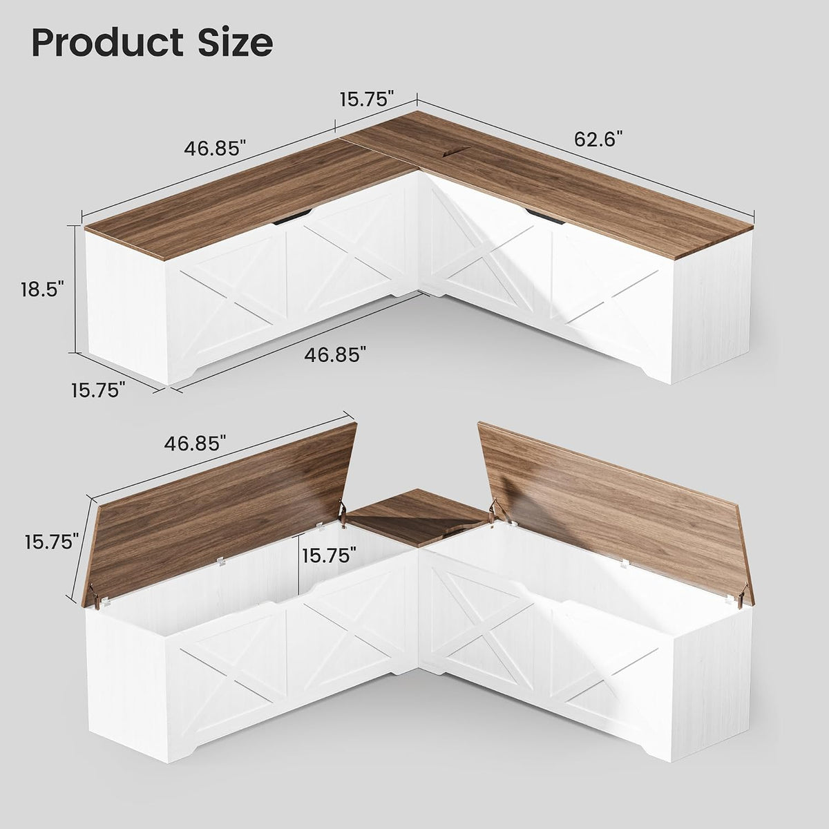 L Shaped Storage Bench, 63" Corner Bench with Storage, Breakfast Nook Bench with 3 Hidden Flip-Top Compartments, Backless Dining Bench for Kitchen, Entryway, Dining Room, Walnut White