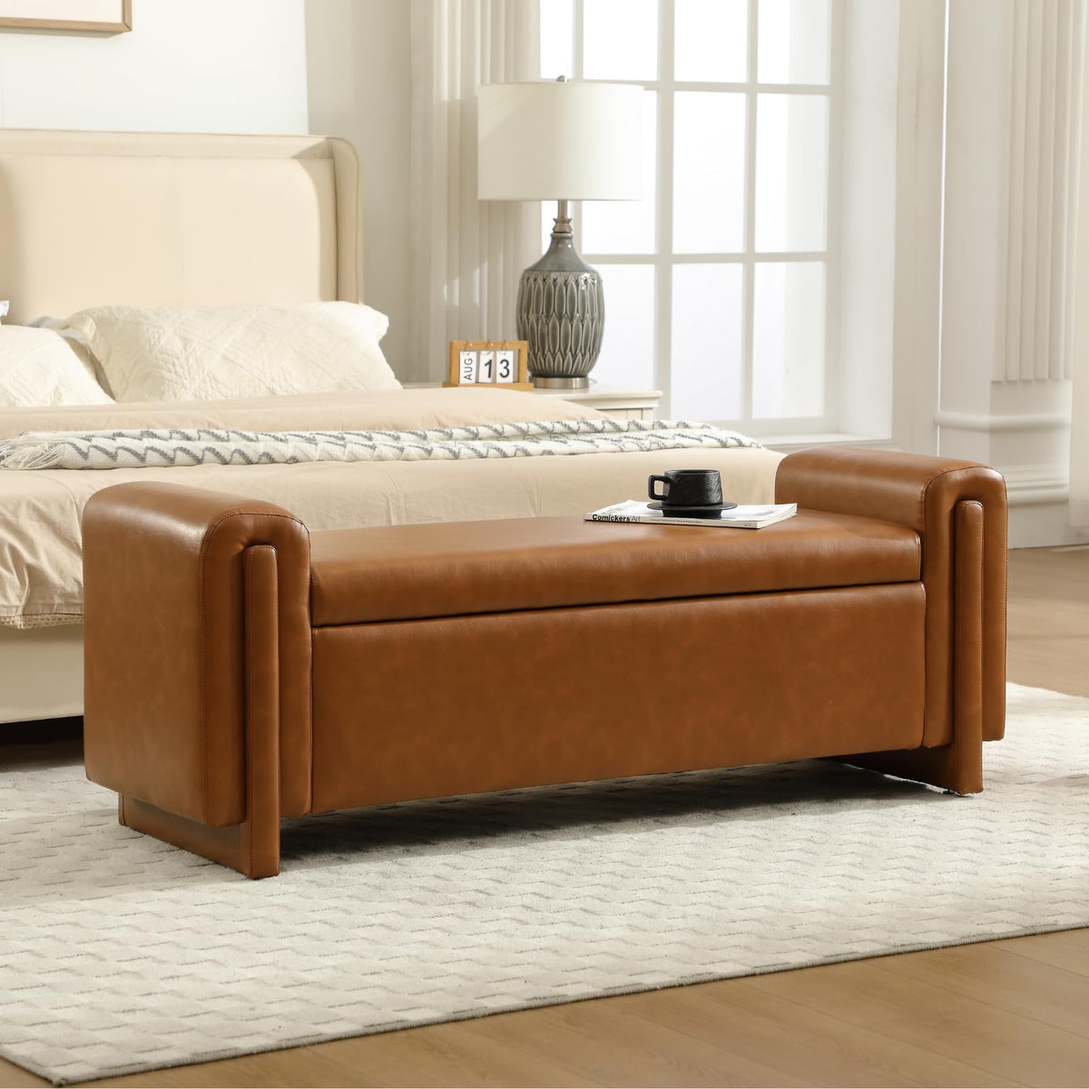 CIMOTA Modern Storage Ottoman Bench, 58” Large Upholstered Storage Bench with Armrests, Boucle Fabric Bedroom End of Bed Bench-Comfy Padded Footstool for Living Room, Entryway, White