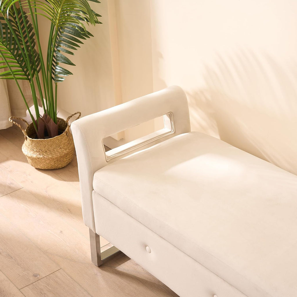 GDFStudio Velvet Storage Bench with Hidden Compartment - Upholstered Ottoman for Entryway, Bedroom, Living Room - Soft Foam Cushion, Sturdy Silver Metal Legs, Easy Assembly - Beige Storage Seat