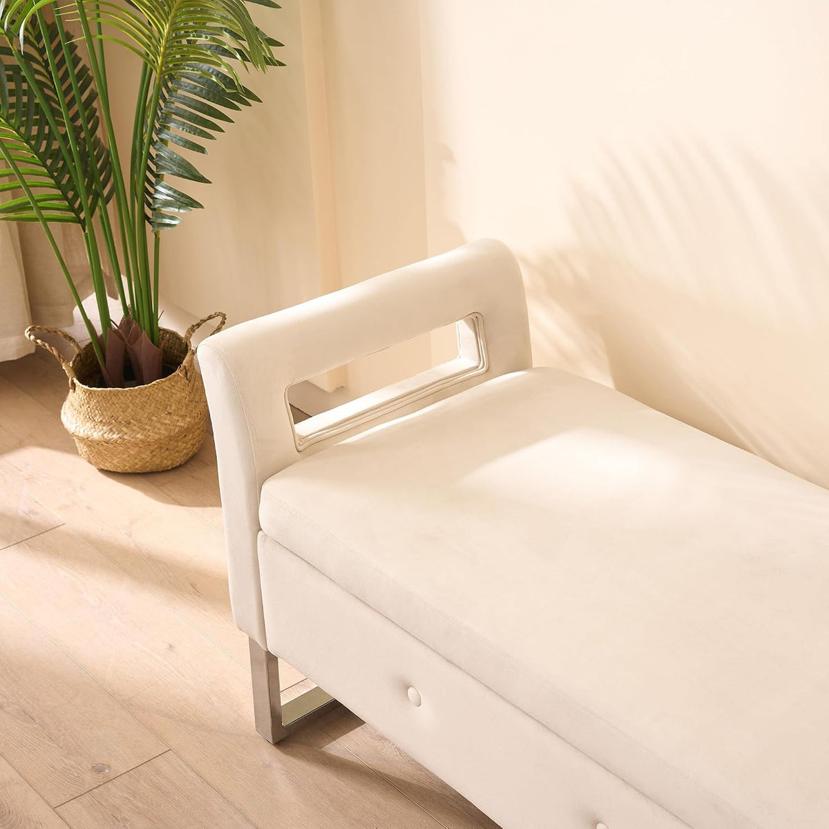 GDFStudio Velvet Storage Bench with Hidden Compartment - Upholstered Ottoman for Entryway, Bedroom, Living Room - Soft Foam Cushion, Sturdy Silver Metal Legs, Easy Assembly - Beige Storage Seat