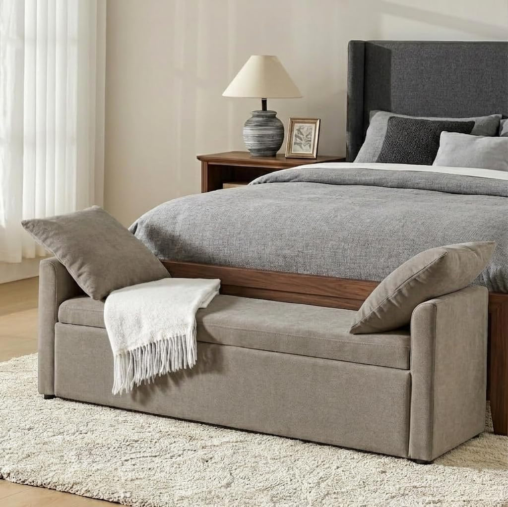 HULALA HOME 59" Storage Bench with 2 Throw Pillows & Armrests, Linen