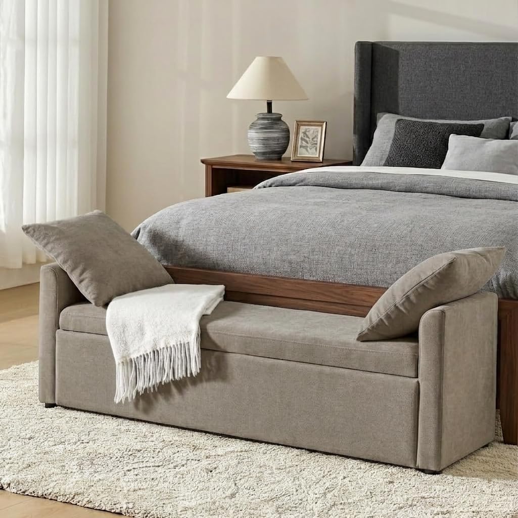 HULALA HOME 59" Storage Bench with 2 Throw Pillows & Armrests, Linen