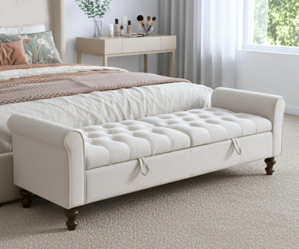 Storage Bench for Bedroom, 65.2'' Tufted End of Bed King Size Upholstered Extra-Long Bench with Dual Flip-Top Lids for Entryway, Hallway, Cloakroom, Window, Griege.