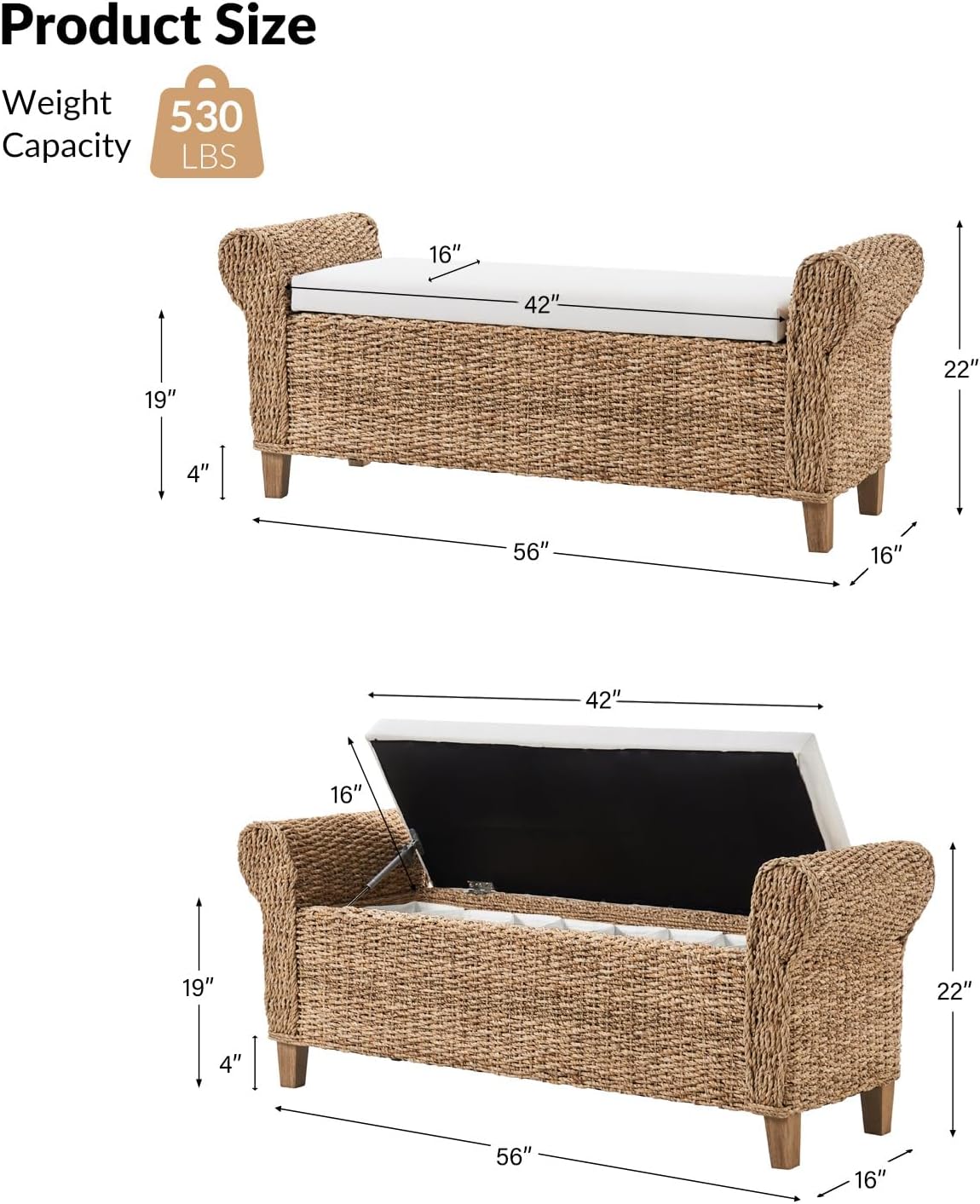 HULALA HOME 56" Rattan Storage Bedroom Bench with Rolled Armrests, Natural