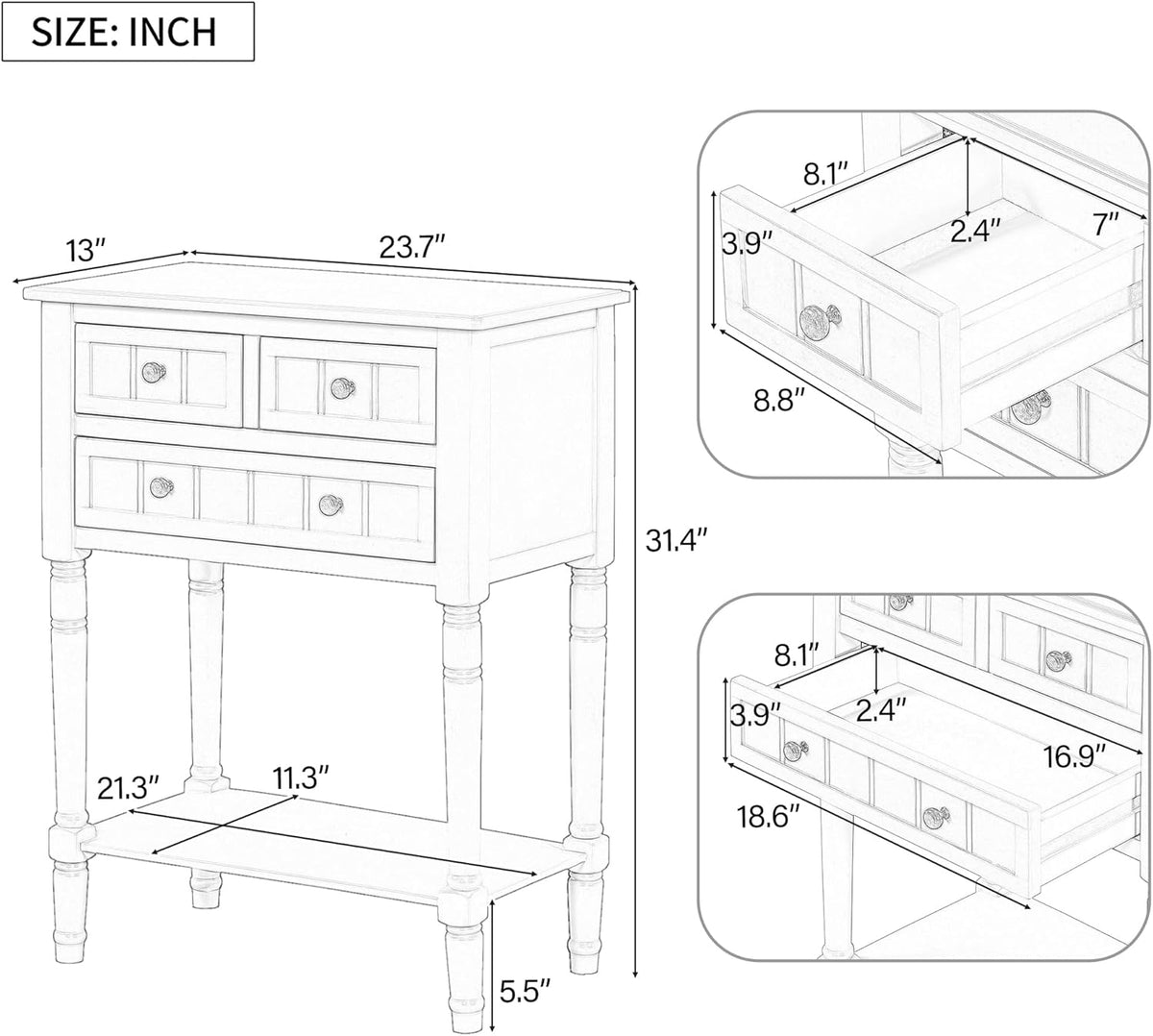 Knocbel Slim Antique Entry Console Table with 3 Drawers & Bottom Open Shelf, Solid Wood Narrow Sofa Couch Table for Entryway Hallway Living Room 23.7" W x 13" D x 31.4" H Natural