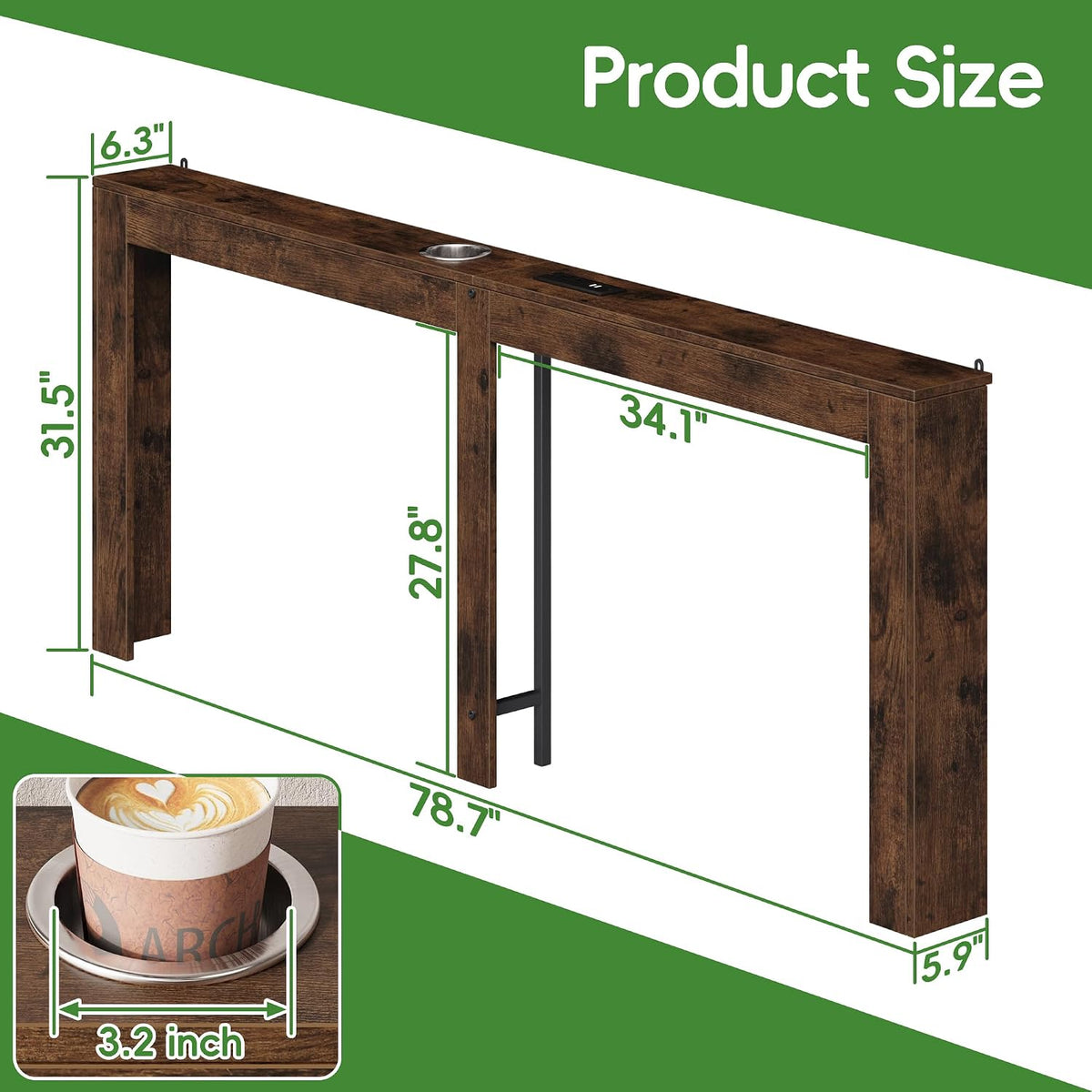 78.7" Behind Couch Table with Power Outlet, Skinny Sofa Table with USB Port