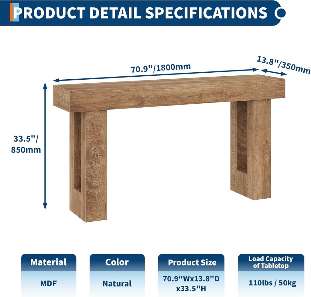 PlayfulPals 63 Inch Farmhouse Console Table, Wooden Rectangular Sofa Behind Couch, Long Entryway Table for Hallway Living Room, Natural