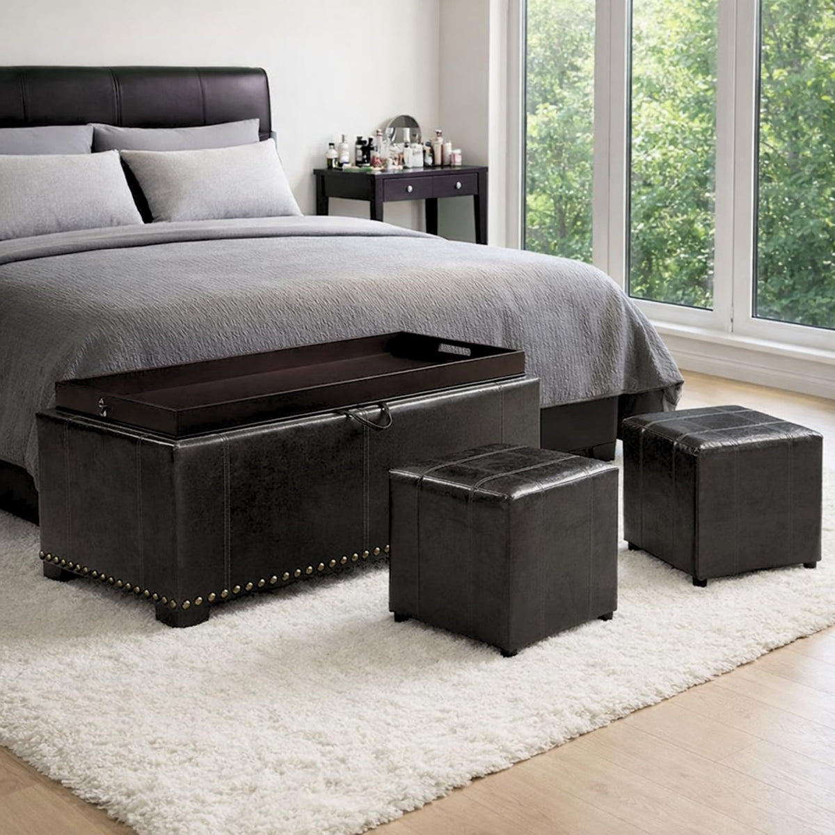 Storage Bench for Bedroom, 65.2'' Tufted End of Bed King Size Upholstered Extra-Long Bench with Dual Flip-Top Lids for Entryway, Hallway, Cloakroom, Window, Griege.