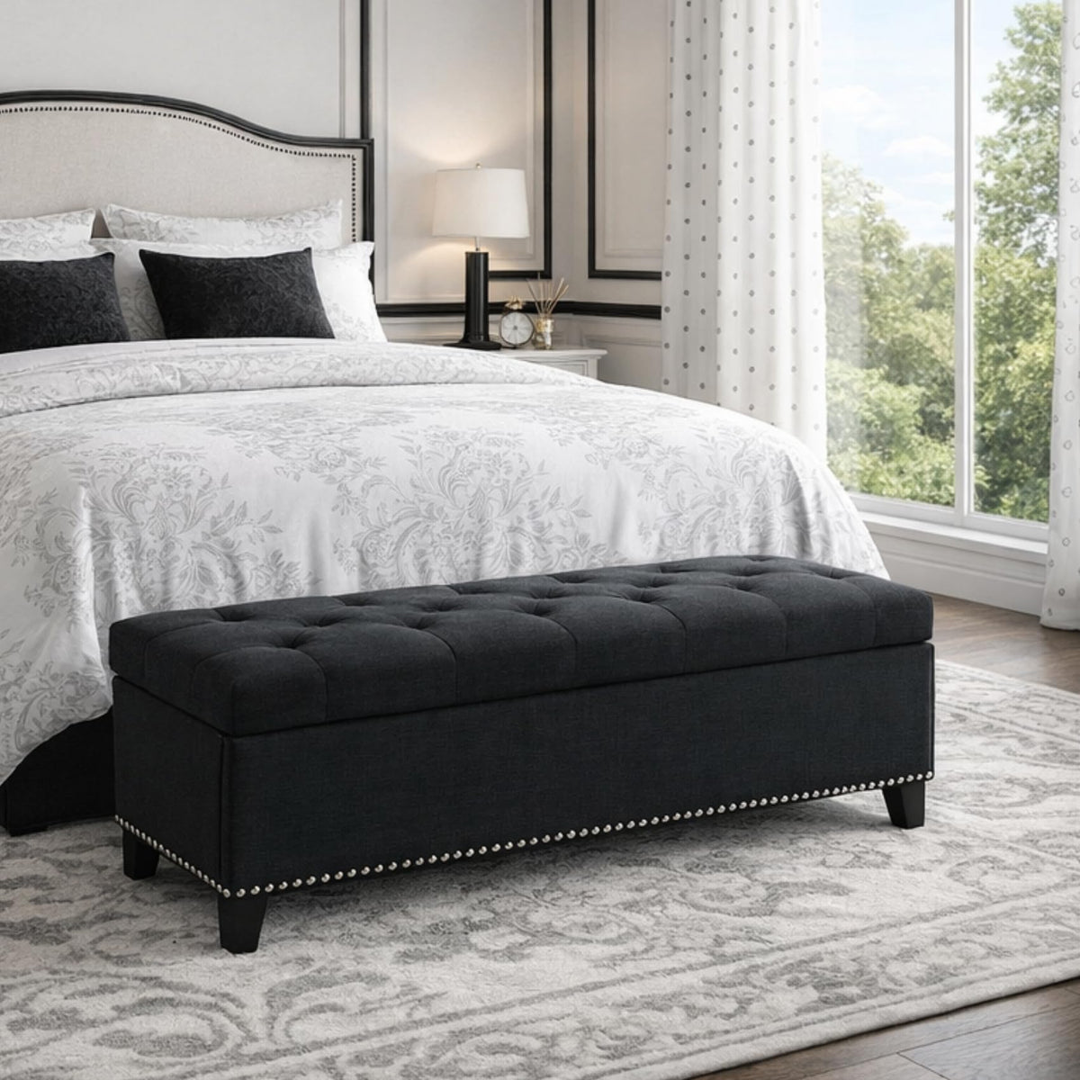 Storage Bench for Bedroom, 65.2'' Tufted End of Bed King Size Upholstered Extra-Long Bench with Dual Flip-Top Lids for Entryway, Hallway, Cloakroom, Window, Griege.