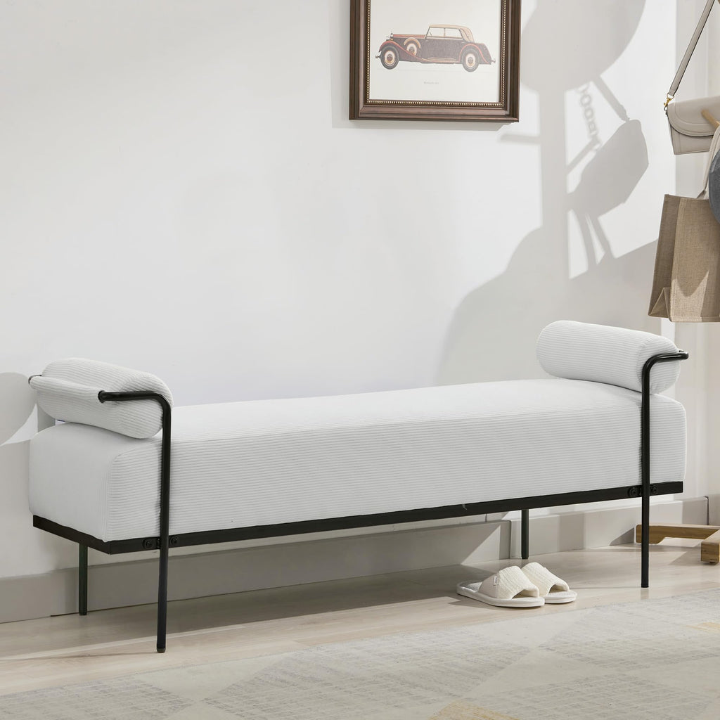 SOFTHION 61.2" End of Bed Bench, Chenille Upholstered Entryway Bench, Beige