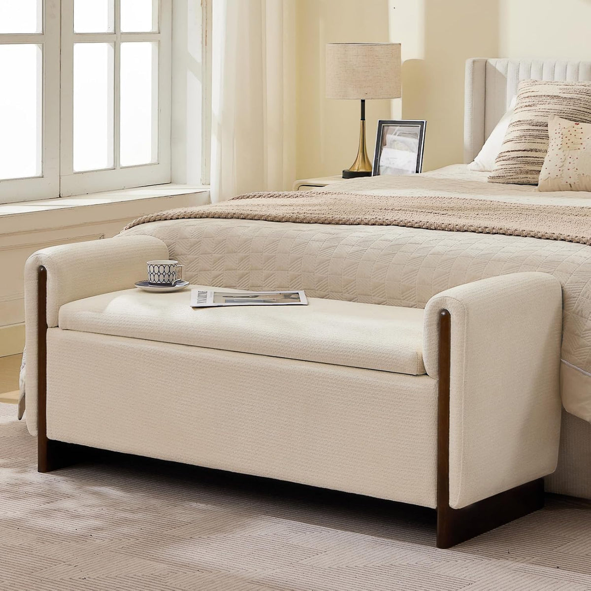 50.8 inch Storage Ottoman Bench with Armrests, Hidden Storage, Beige