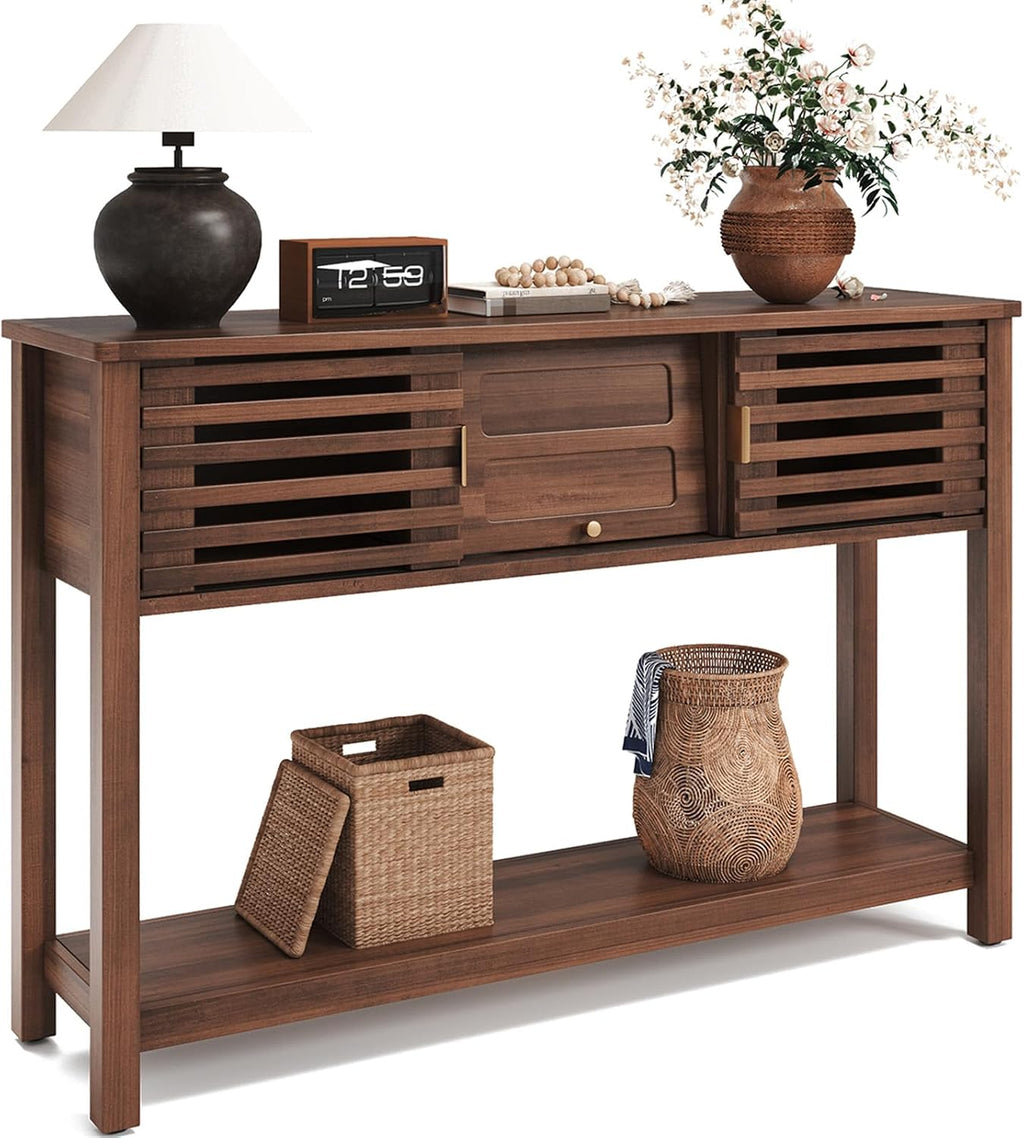 Luoxiao Mid Century Modern Entryway Table, Console Table with Sliding Doors
