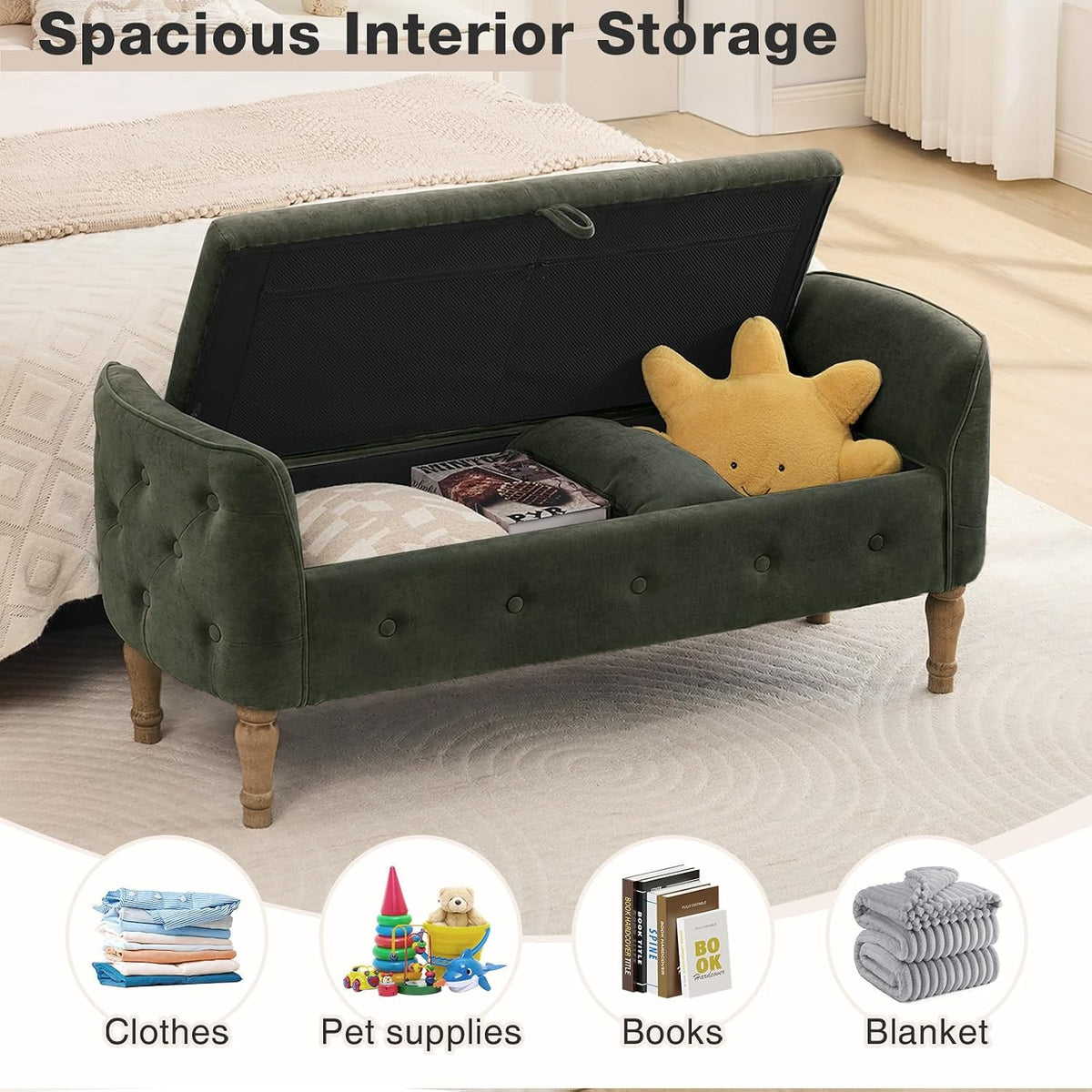 End of Bed Storage Bench King Size,51" Upholstered Bedroom Bench,Green