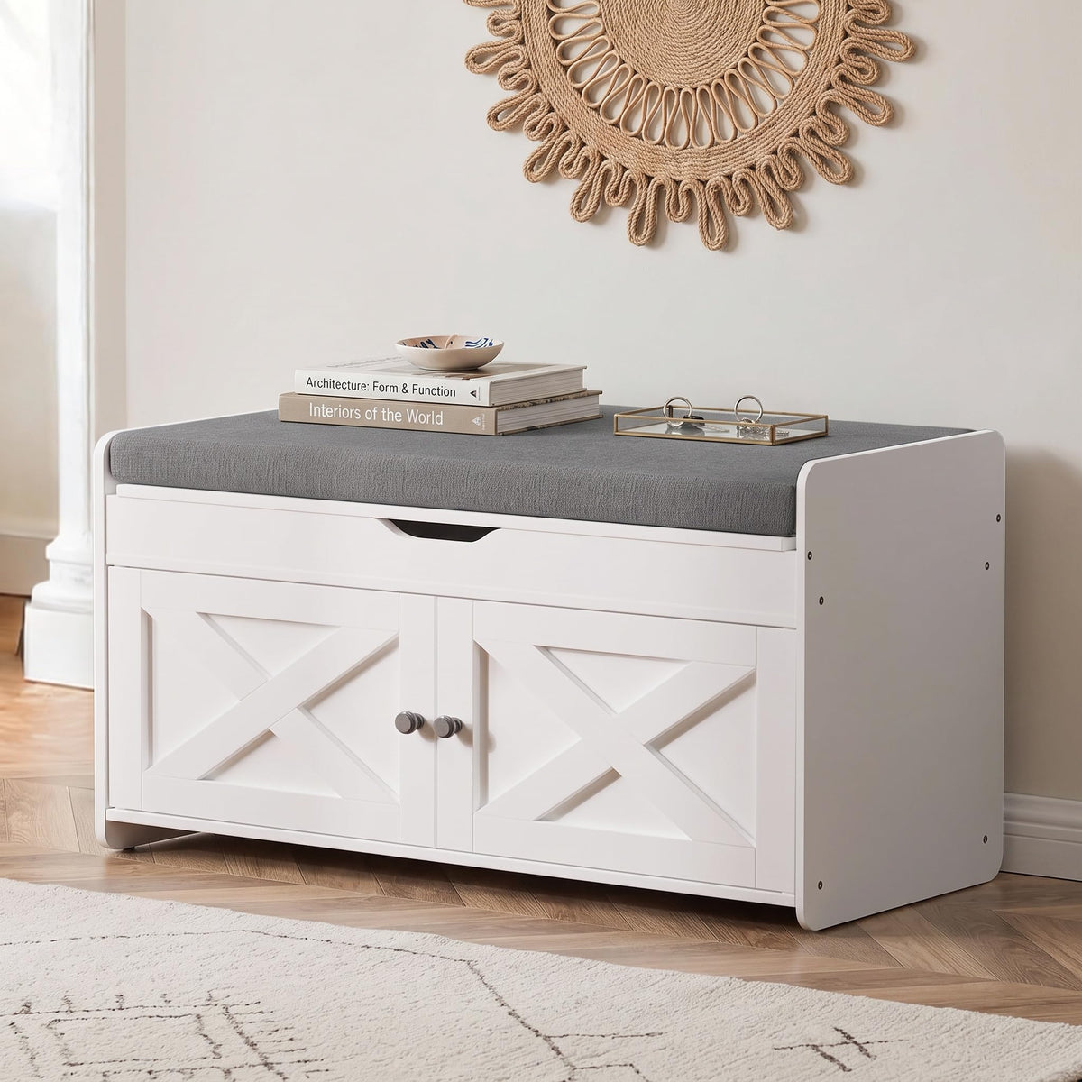 Marsail Shoe Storage Bench with Seating, Farmhouse Entryway Bench, Grey