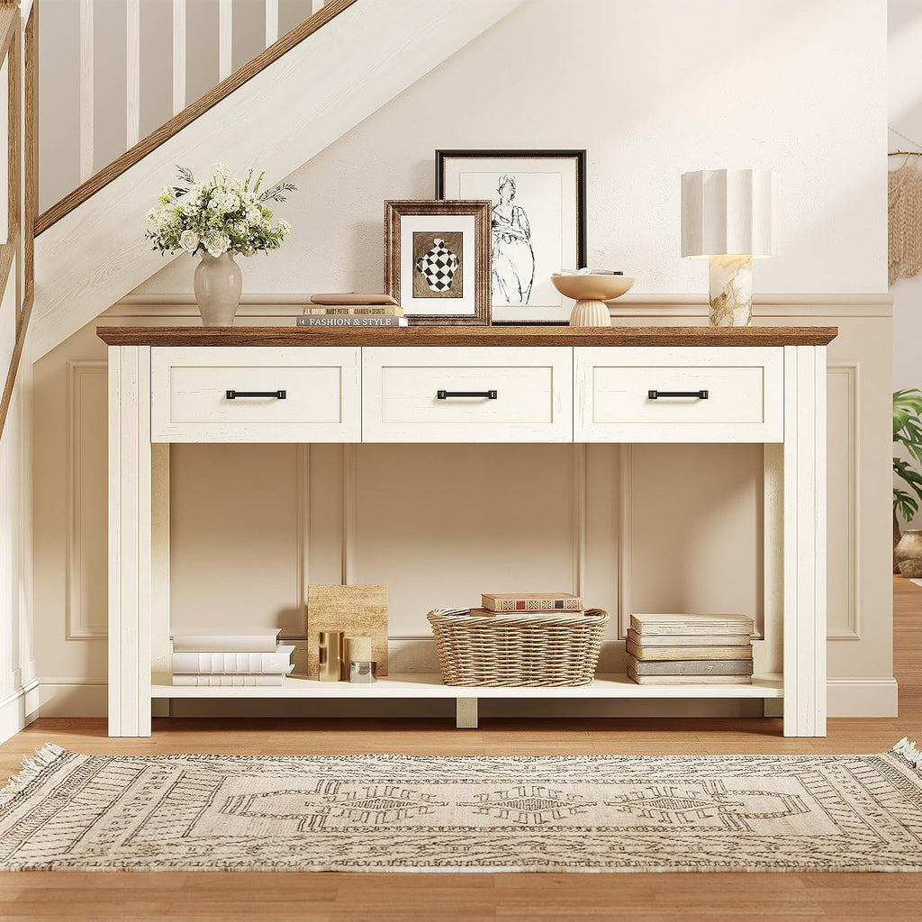 55" Farmhouse Console Table with 3 Drawers, Rustic Entryway Table