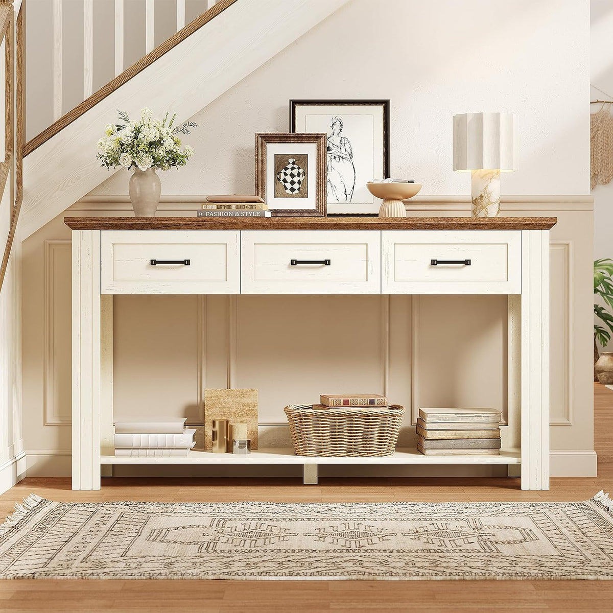 55" Farmhouse Console Table with 3 Drawers, Rustic Entryway Table
