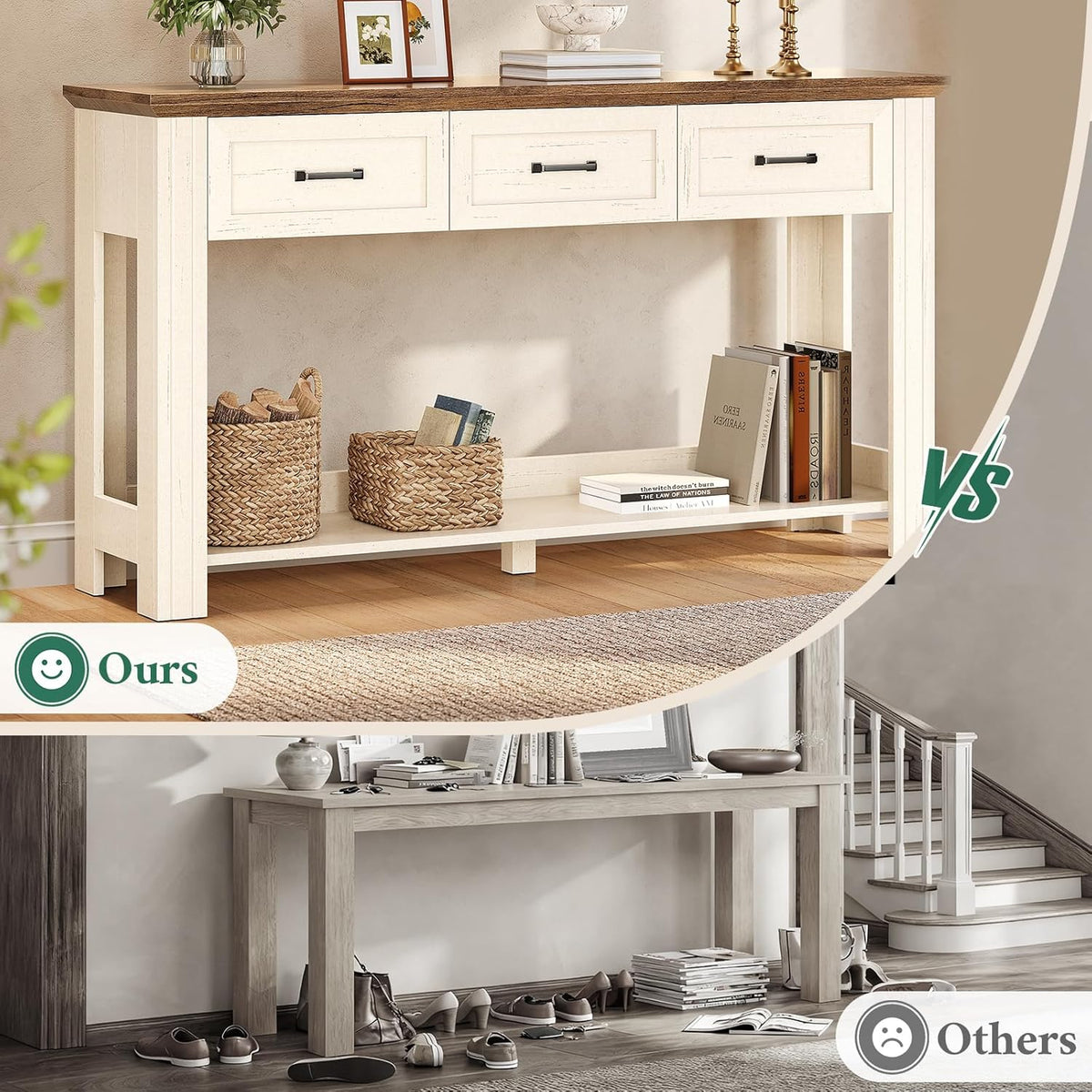55" Farmhouse Console Table with 3 Drawers, Rustic Entryway Table
