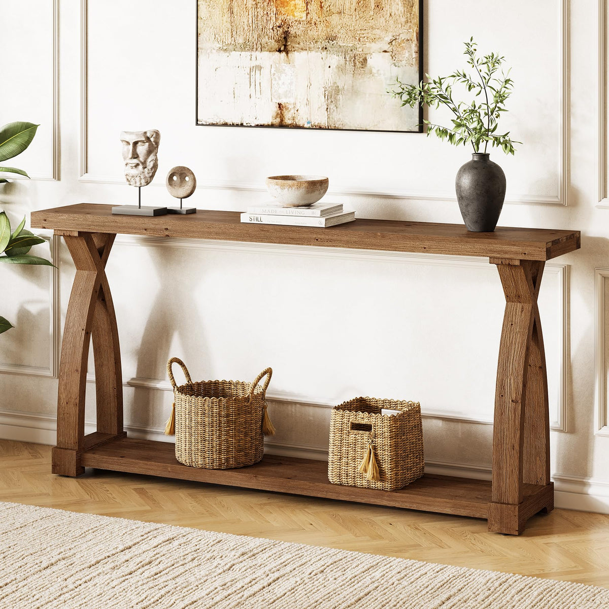Solid Wood Console Table for Entryway, 63-Inch Narrow Farmhouse Couch Table Behind Sofa with 2-Tier Storage for Entrance, Foyer, Living Room, Long, Rustic Brown