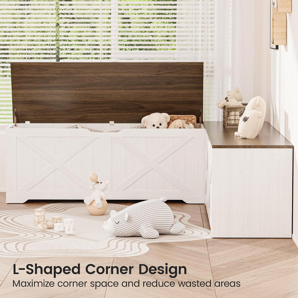 L Shaped Storage Bench, 63" Corner Bench with Storage, Breakfast Nook Bench with 3 Hidden Flip-Top Compartments, Backless Dining Bench for Kitchen, Entryway, Dining Room, Walnut White