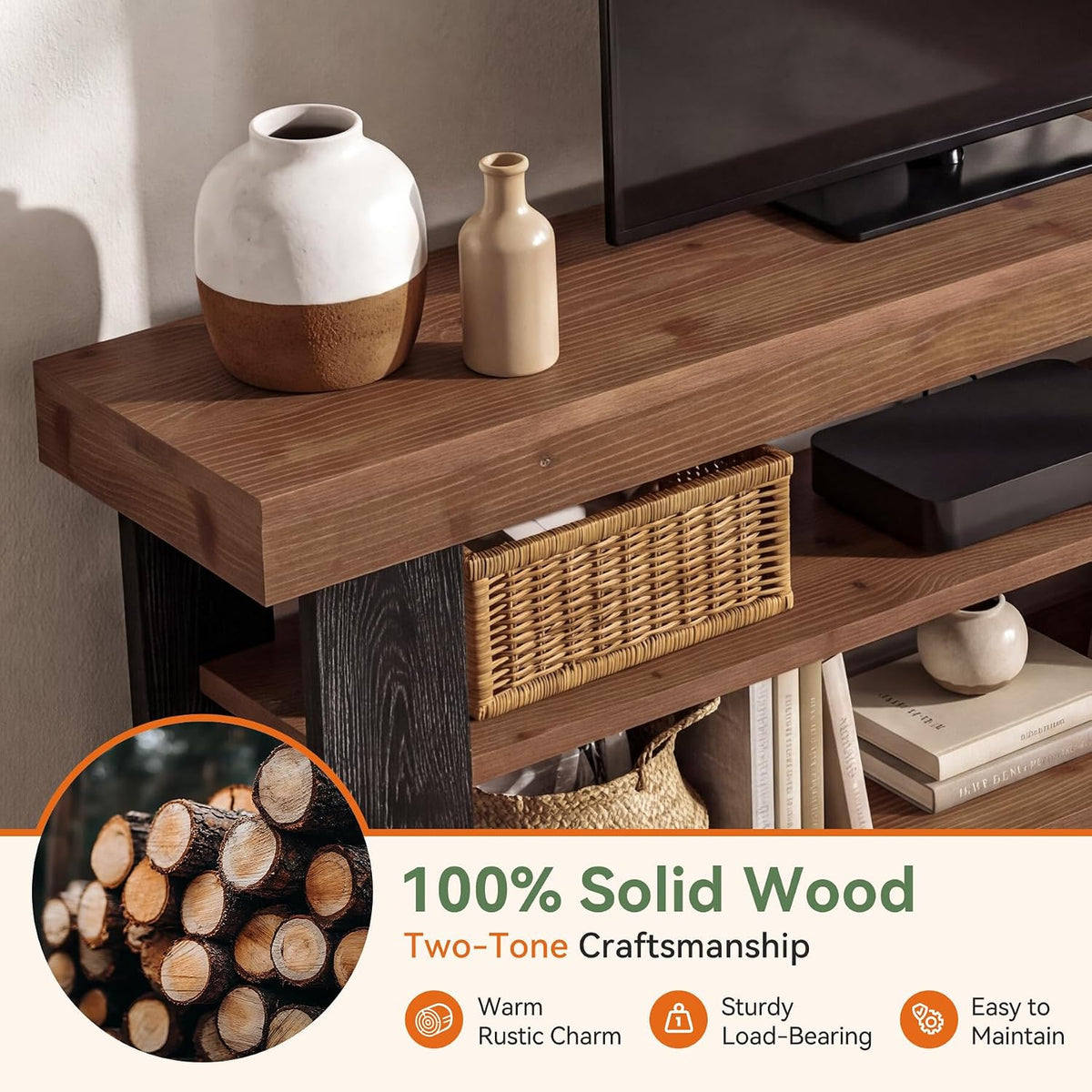 63" Solid Wood Console Table with 3-Tier Storage Shelves