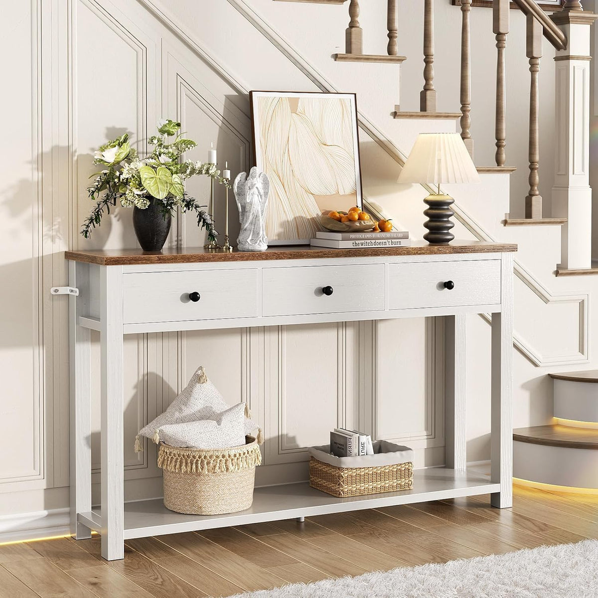 Homieasy Farmhouse Console Table with 3 Drawers, 47 Inch Wood Sofa Table with Storage Shelf for Living Room, Behind Couch, Entryway Table for Hallway, Living Room, or Foyer, Brown and Antique White