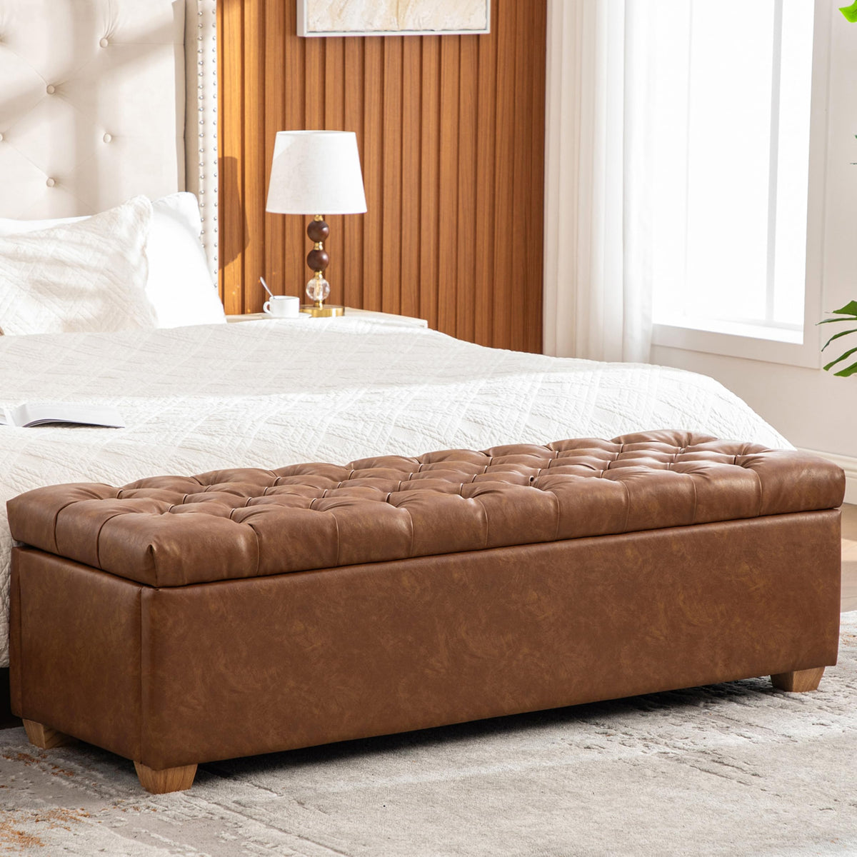 60.24" Bedside Ottoman Bench with Storage,Button Tufted Storage Benches for Bed End,Chenille Bench with Seating and Storage for Entryway,Bedroom,Living Room,Window (Beige, 60.24)