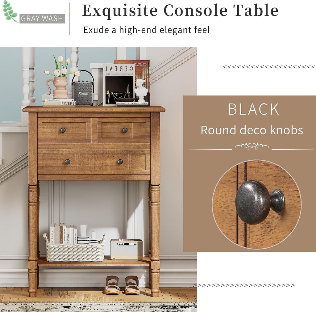 Knocbel Slim Antique Entry Console Table with 3 Drawers & Bottom Open Shelf, Solid Wood Narrow Sofa Couch Table for Entryway Hallway Living Room 23.7" W x 13" D x 31.4" H Natural