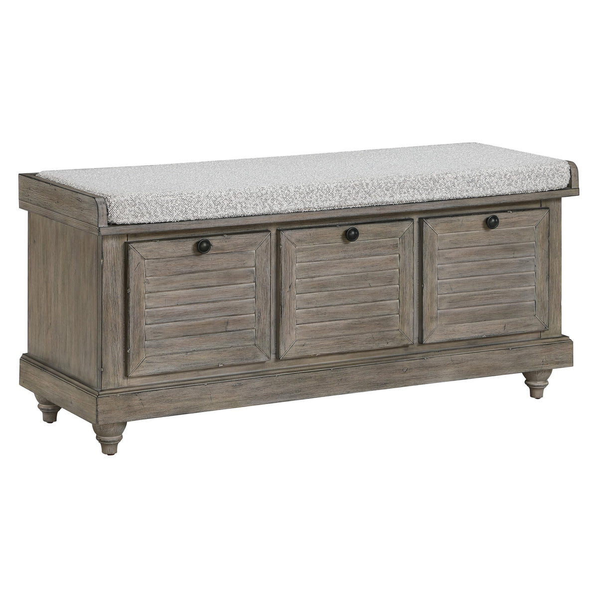 OSP Home Furnishings Dover Coastal Lift-Top Storage Bench with Shutter Face Styling, Distressed Brown Finish with Beige Linen Fabric Cushion