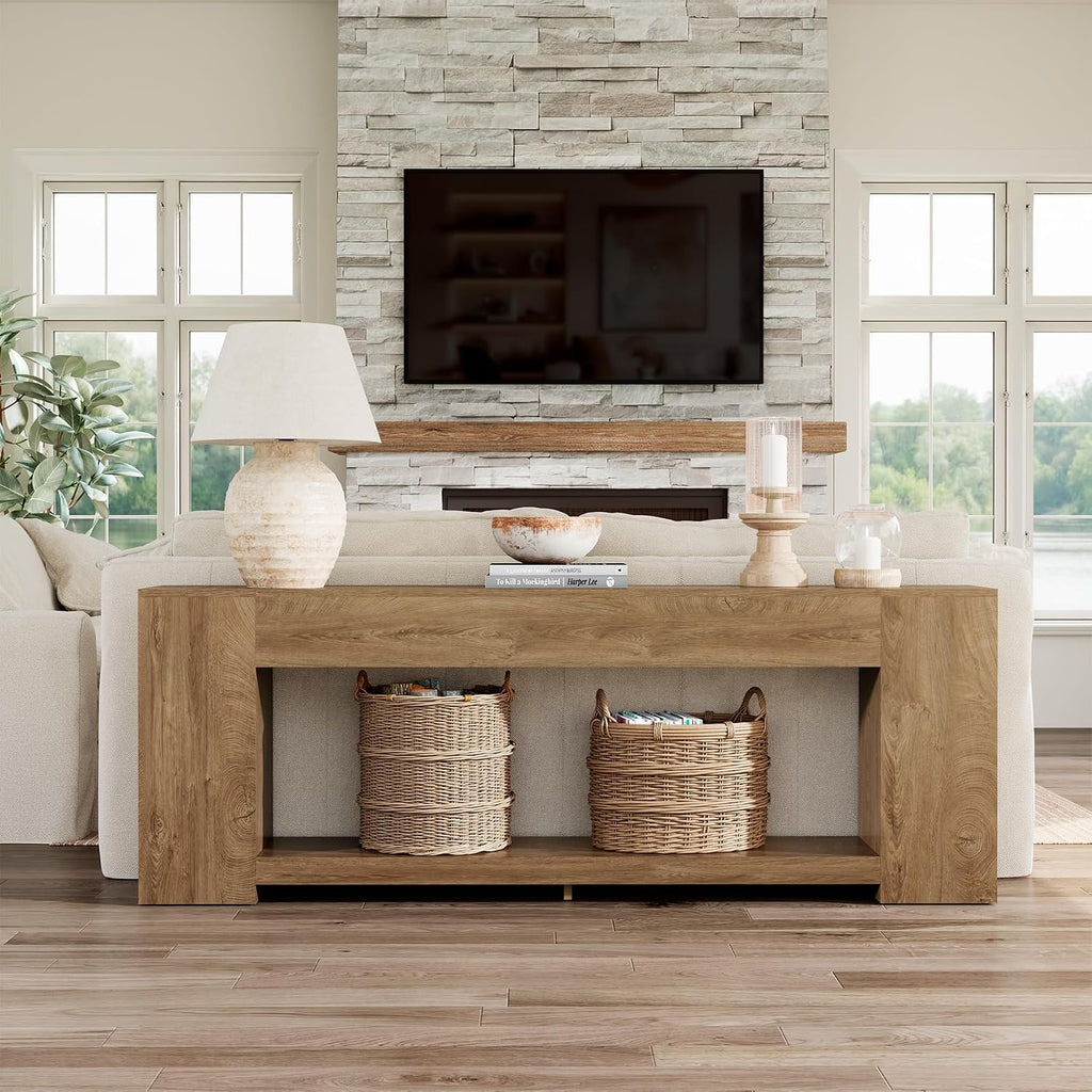 Epecoya 86-Inch Extra Long Console Tables for Entryway, Natural Oak Brown